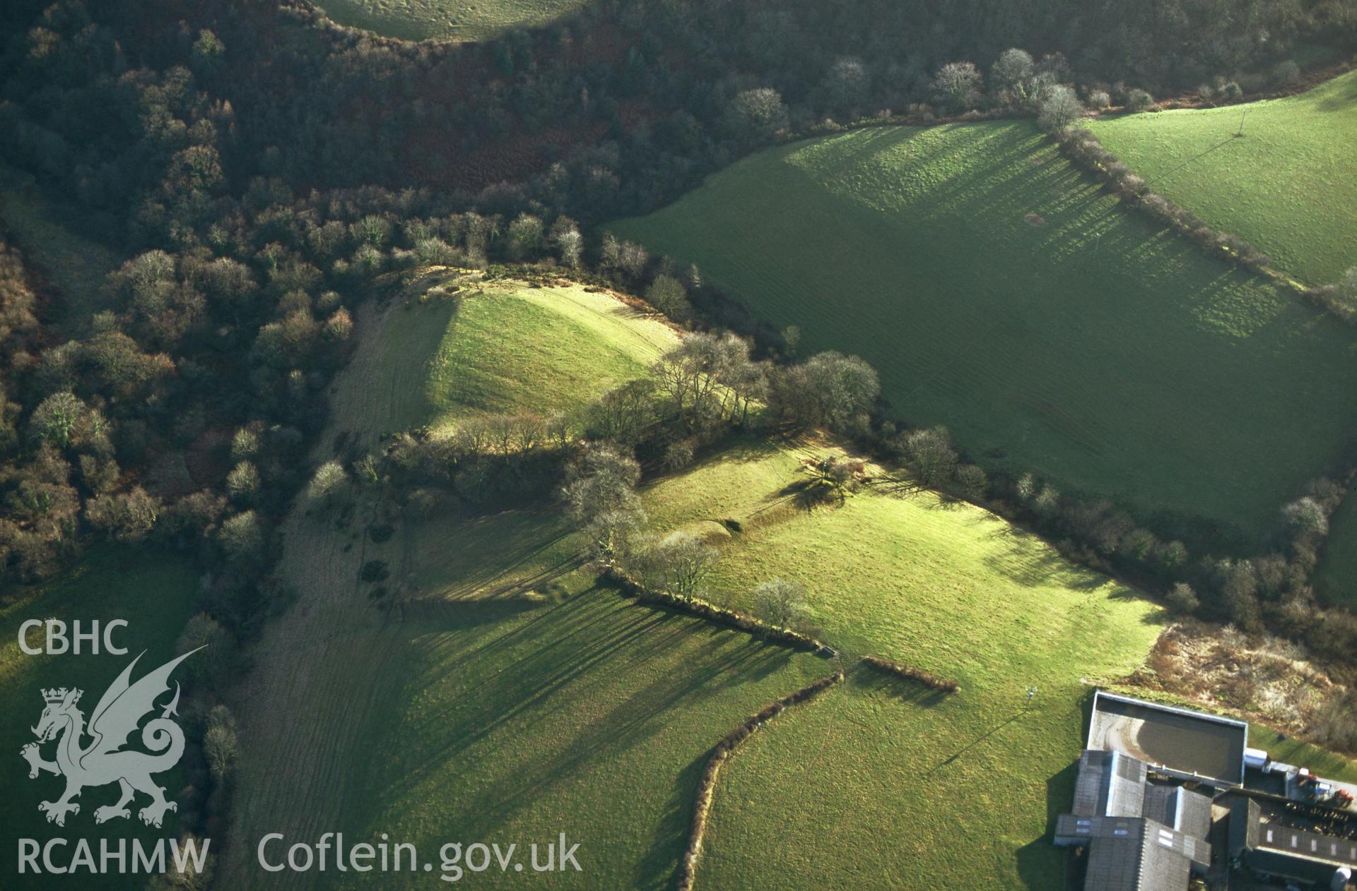 RCAHMW colour slide oblique aerial photograph of Hafod Camp, Llanboidy, taken by C.R.Musson on the 02/02/1997