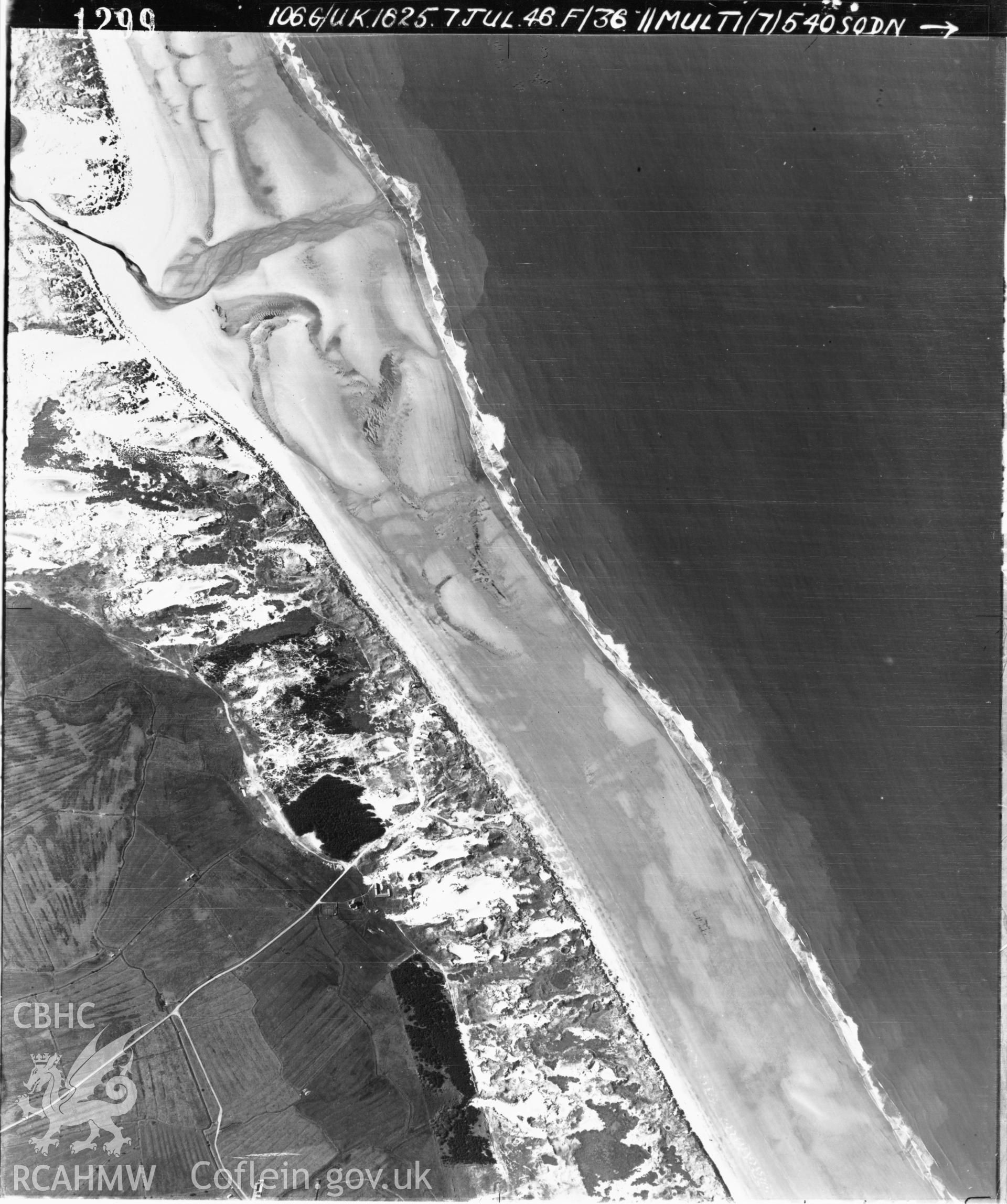 Black and white vertical aerial photograph taken by the RAF on 07/07/1946 centred on SS77218431 at a scale of 1:10000. The photograph includes part of Margam Moors community in Neath, Port Talbot.