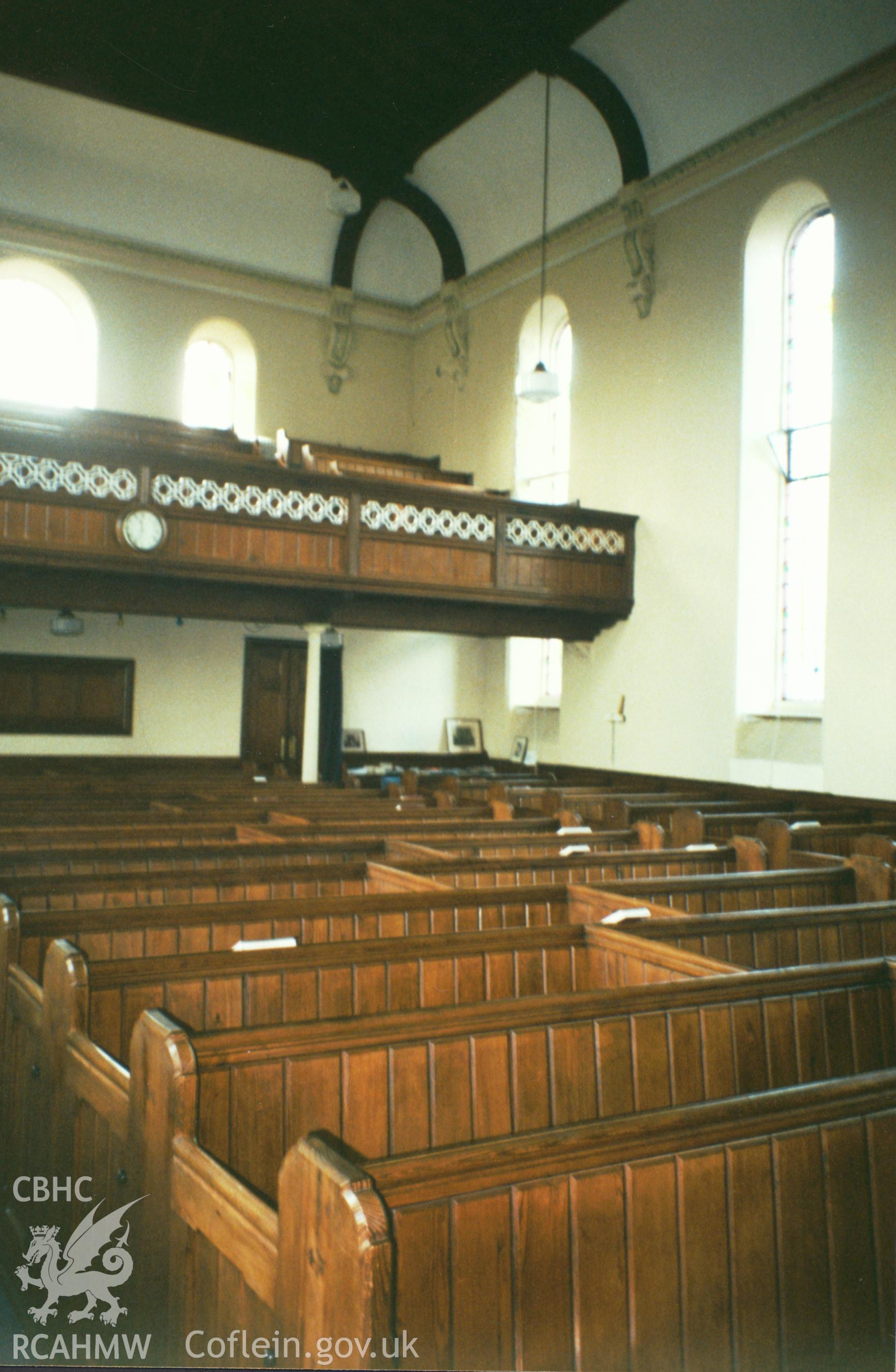 Digital copy of a colour photograph showing an interior view of English Baptist Church, Lammas Street, Carmarthen, taken by Robert Scourfield, 1996.