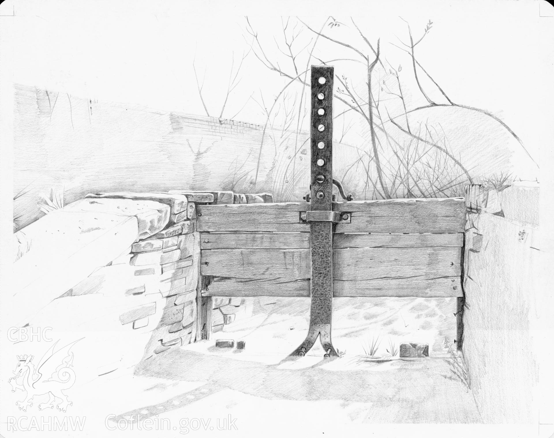 Pencil sketch showing detail of the silted intake gate at Clydach Bridge sluice and weir, produced by J.D. Goodband, 1980.