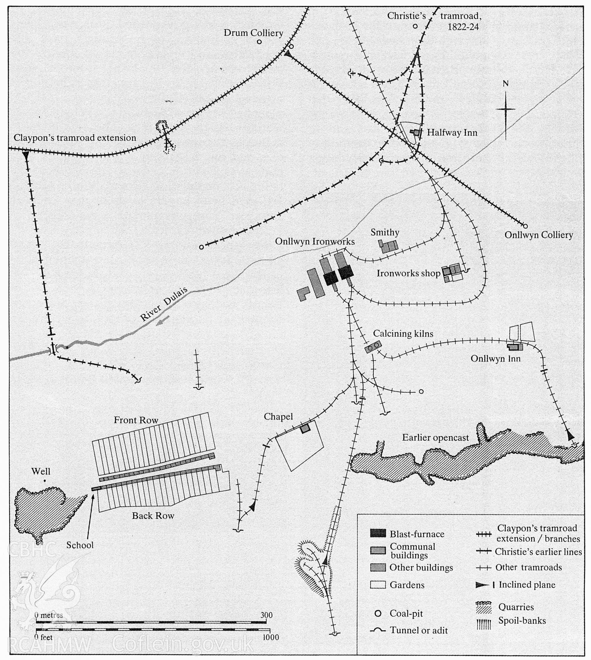 Copy of a site plan showing the tramroad-age industrial and social landscape at Onllwyn, produced by C.W. Green, 1988