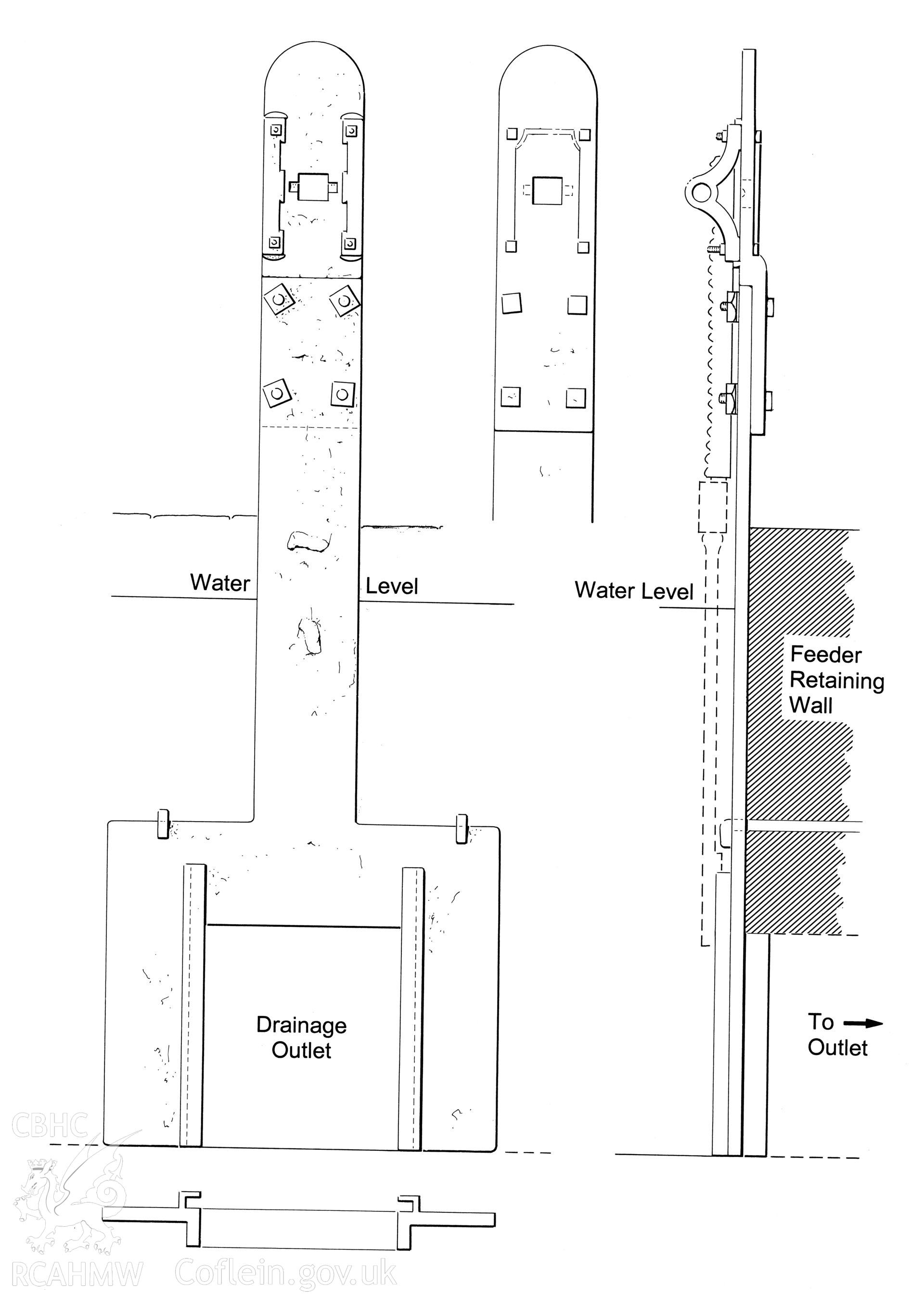 Measured drawing showing detail of the outlet at Abercraf Weir, produced by J.D. Goodband, 1980.