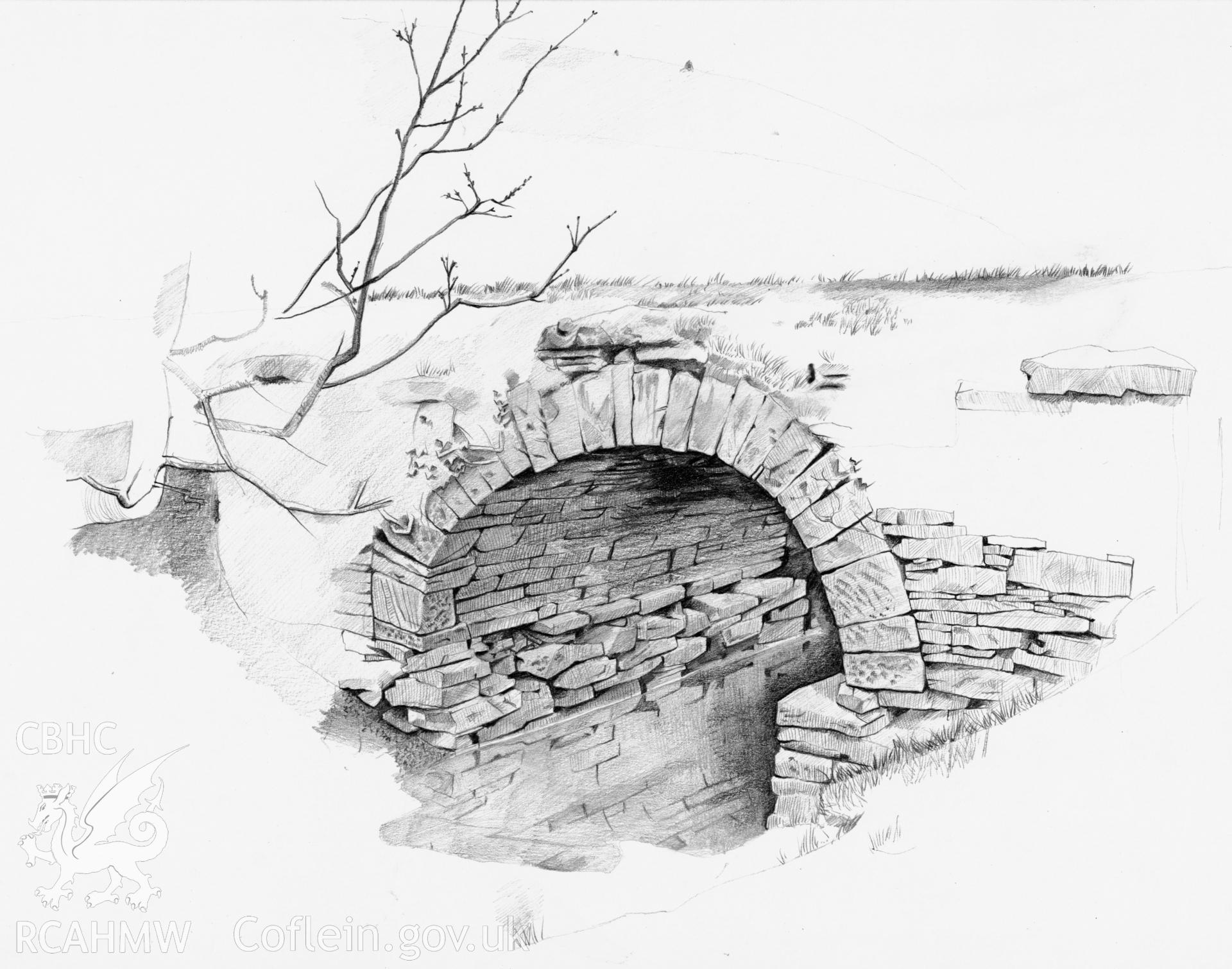 Pencil sketch showing the overbridge at Graigola Railway, produced by J.D. Goodband, 1980.