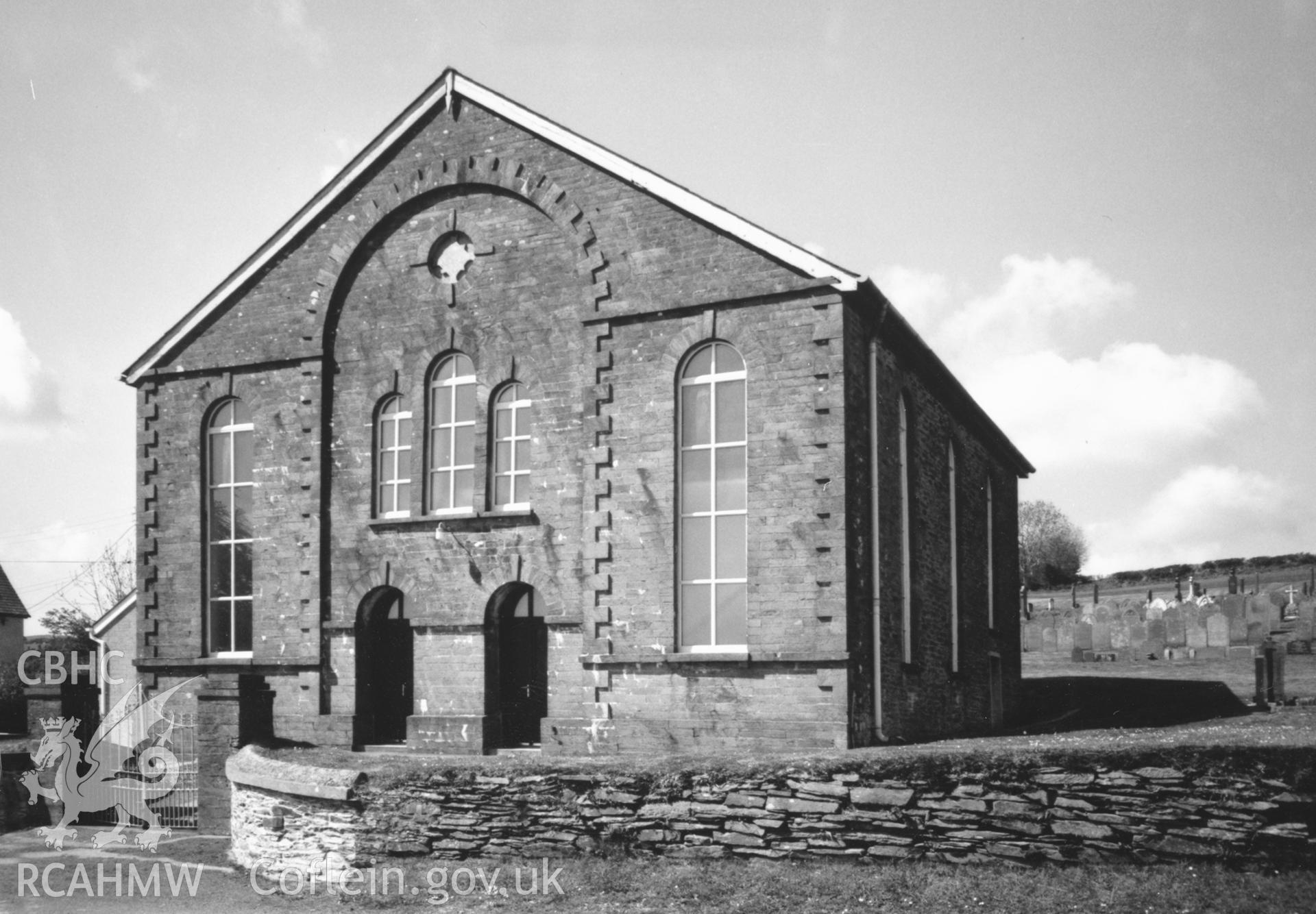 Digital copy of a black and white photograph showing a view of Llwyn yr Hwrdd Welsh Independent Chapel, Tygryn, taken by Robert Scourfield, c.1996.