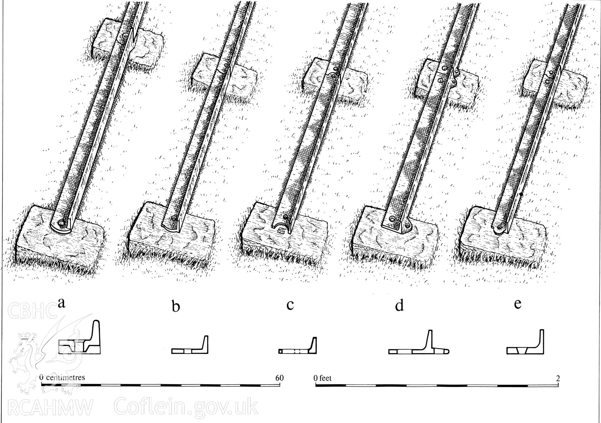 Finished ink-line drawing of the types of early and lightweight tramplate.  Fig 92, "The Brecon Forest Tramroads", S.R. Hughes, 1990.