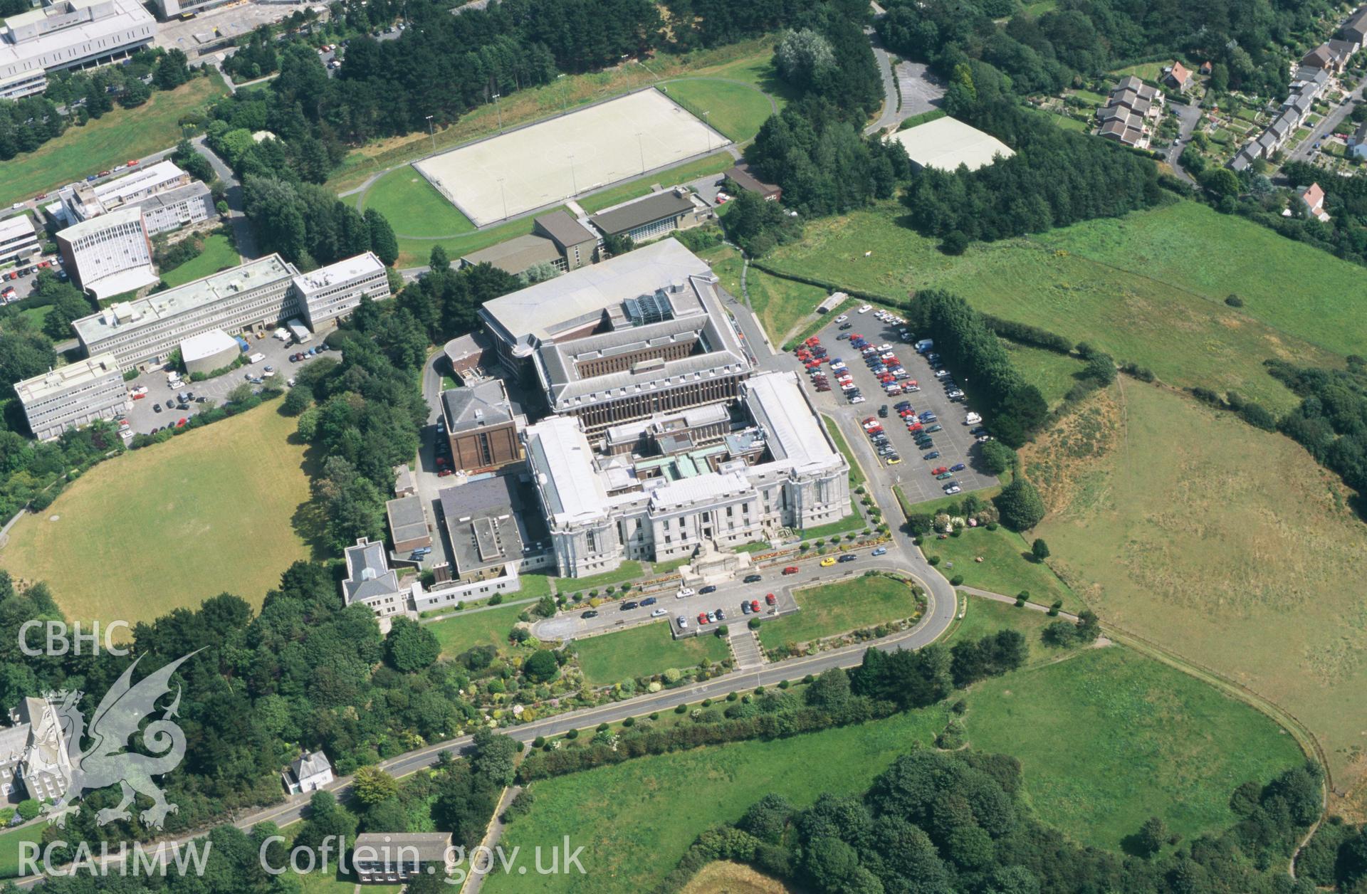 RCAHMW colour oblique aerial photograph of National Library of Wales, Aberystwyth, high view showing fa?ade. Taken by Toby Driver on 05/08/2002