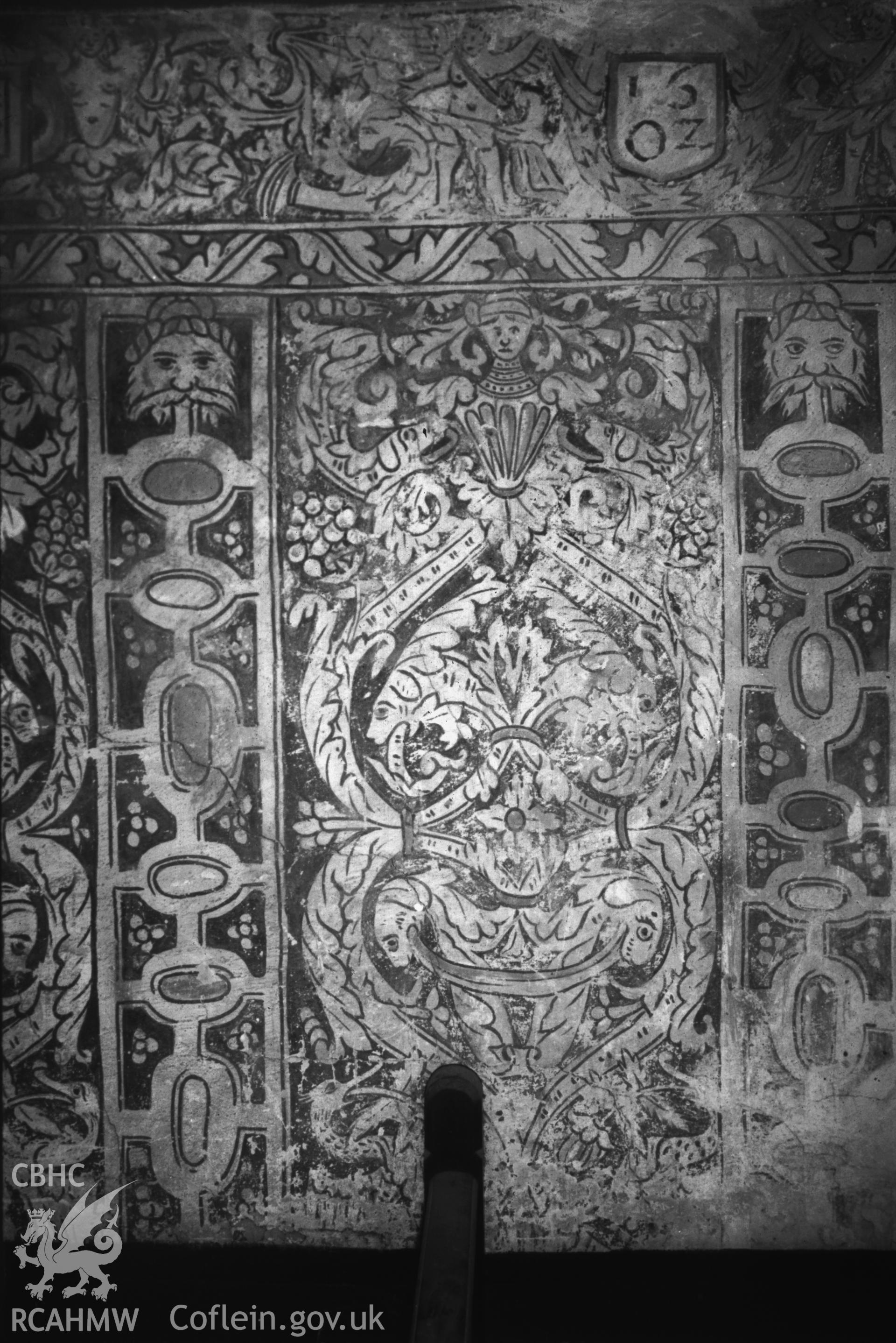 35mm colour slide showing a wall painting at Castell y Mynach, Pentyrch, Cardiff, produced by A.J. Parkinson, undated.