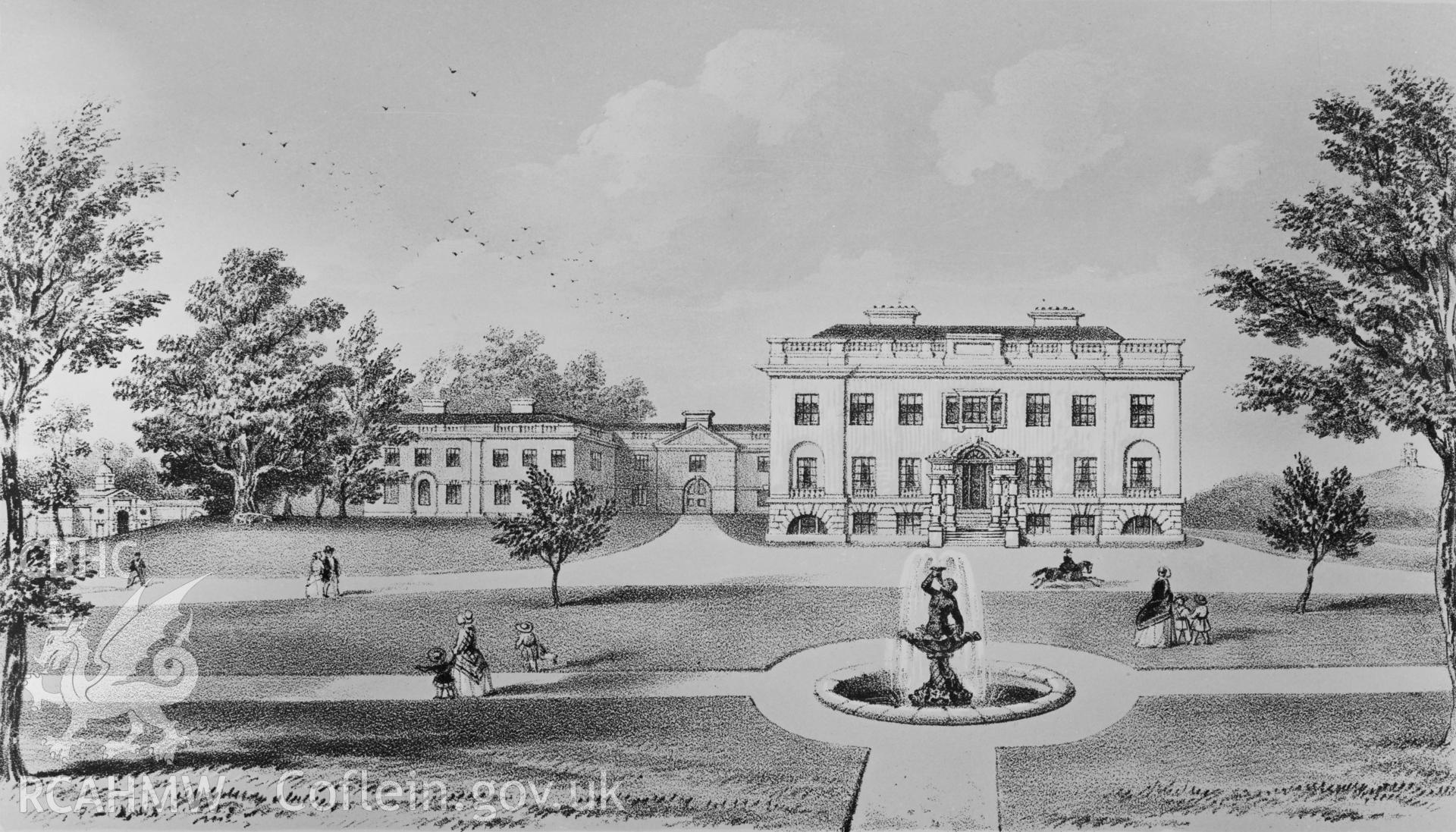 Middleton Hall, Llanarthney;  two copies of a black and white photograph copied from an 1853 engraving by Augustus Butler