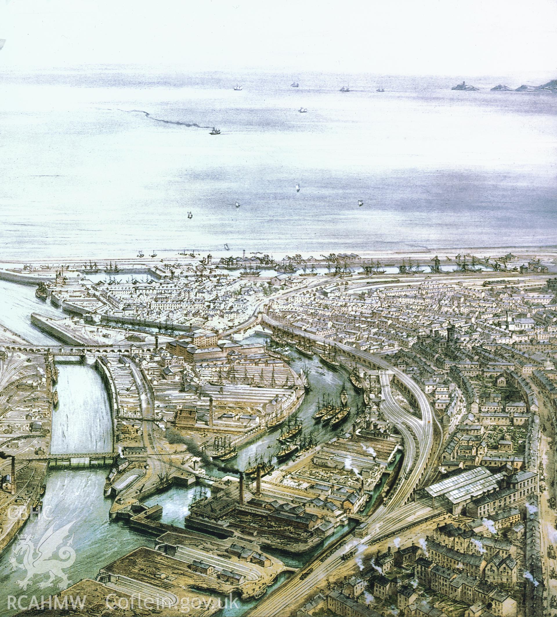 Conjectural reconstruction drawing showing Swansea Canal Shipping Transhipment Docks, reproduced by Douglas Hague in 1974 from an original illustration held at the Docks Office, Swansea.