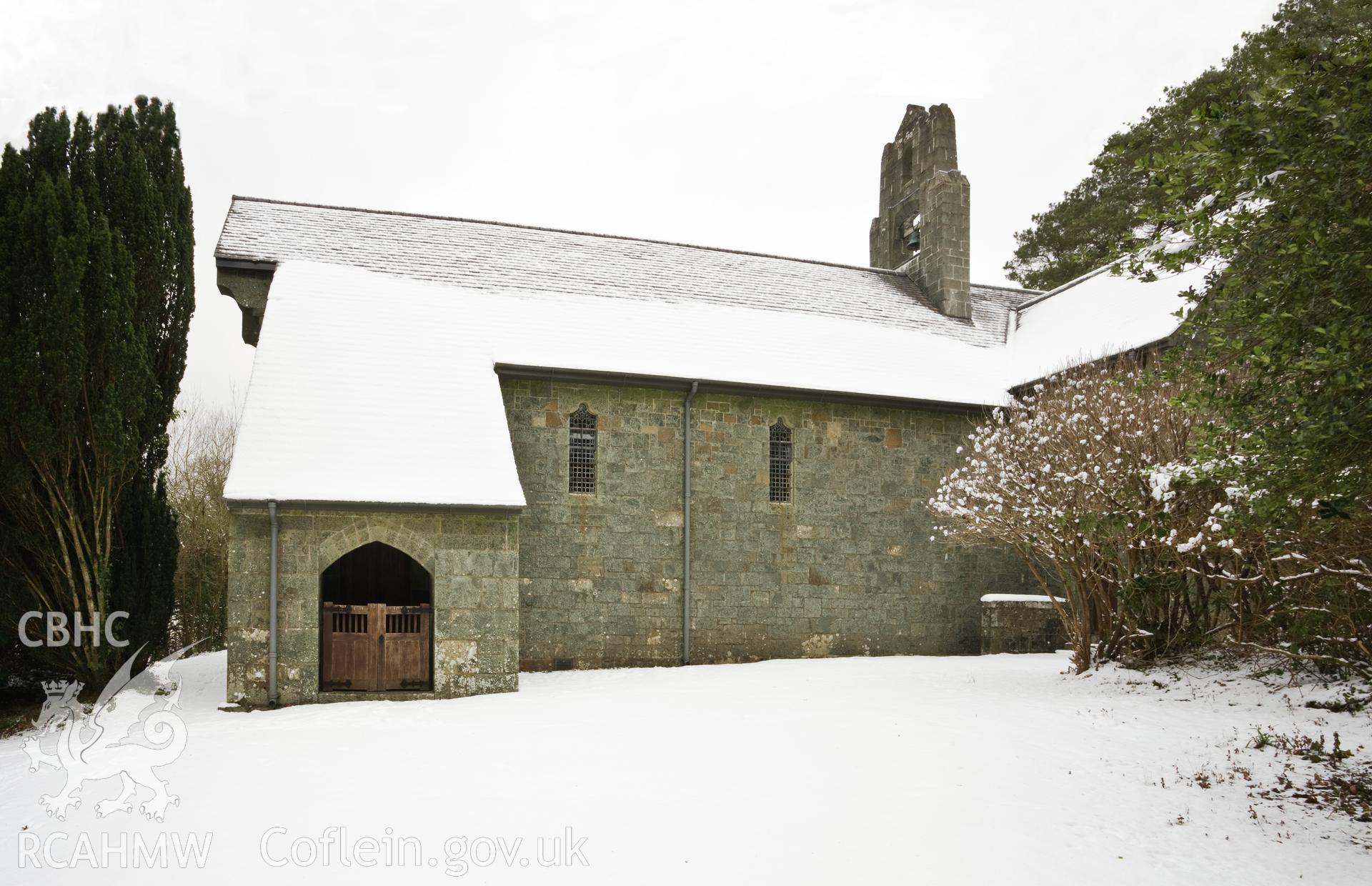 Exterior from the south southeast, close viewpoint.