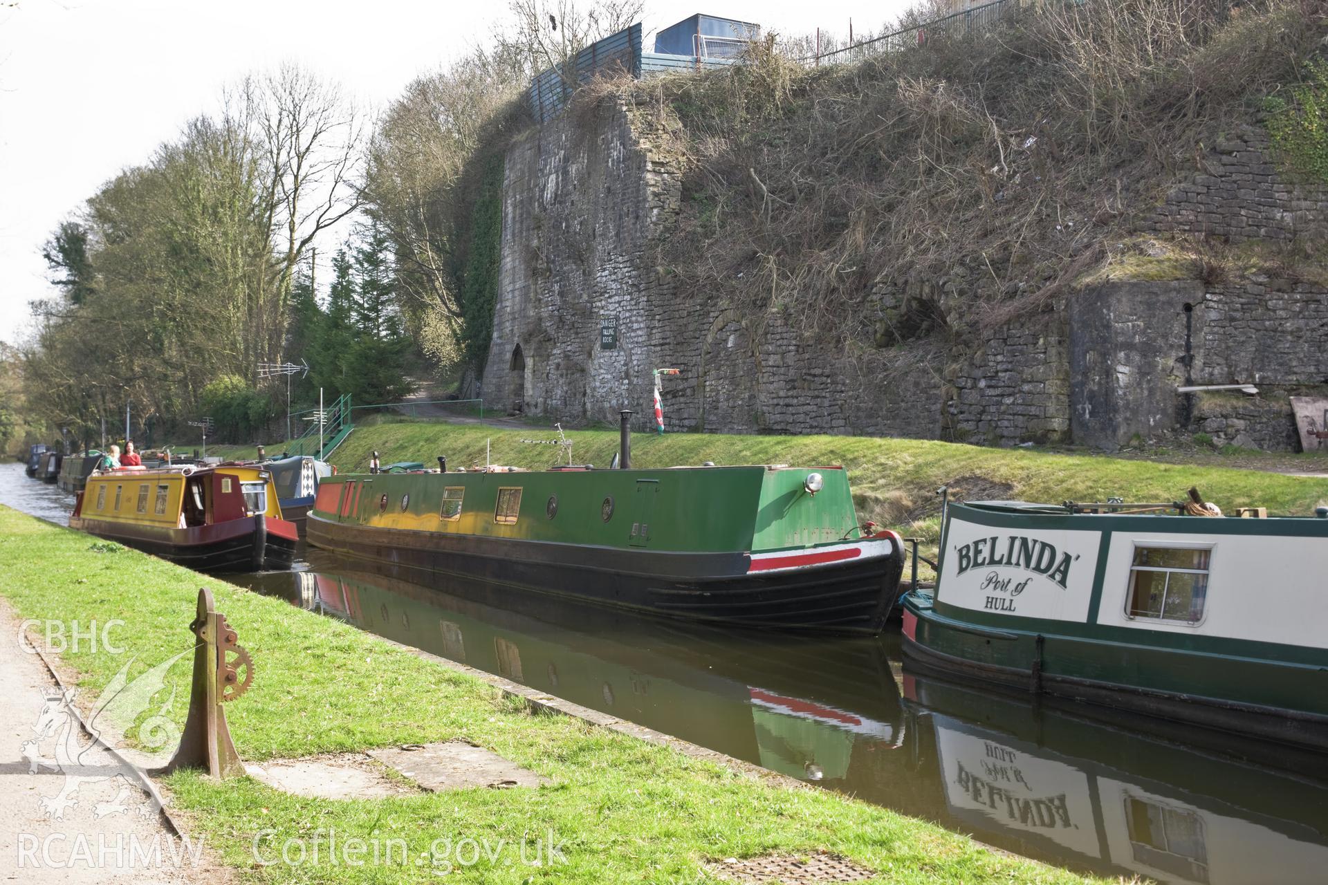 View from the northwest, with canal boat.