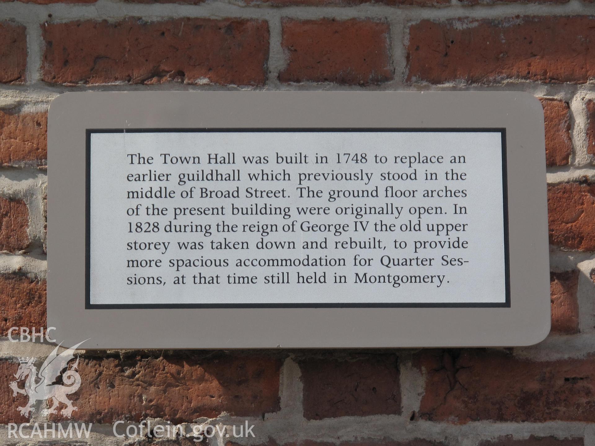 Montgomery Town Hall, detail of metal plaque, taken by Brian Malaws on 23 April 2010.