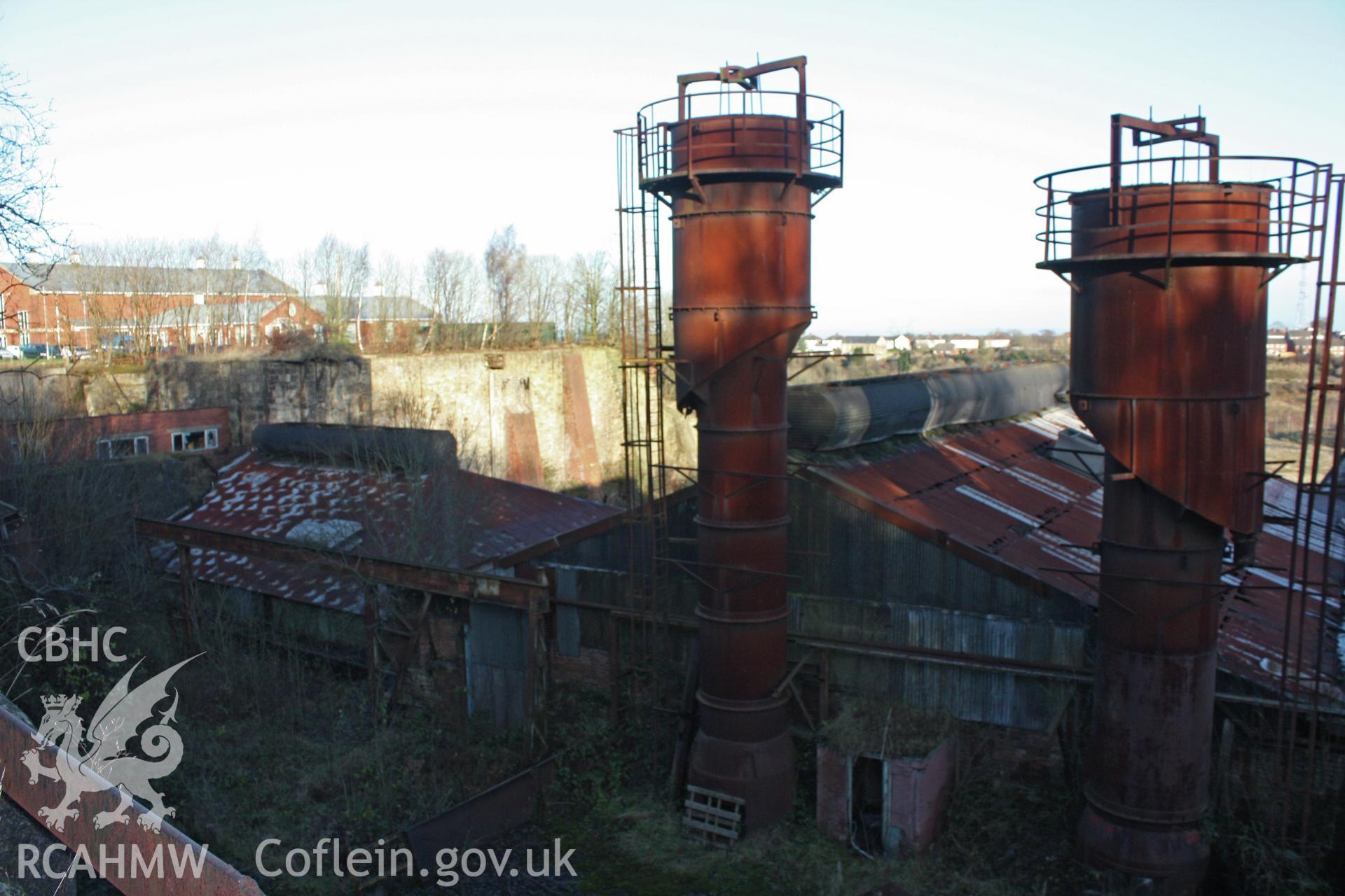 External, west elevation, roofing, smelting stacks and charging wall