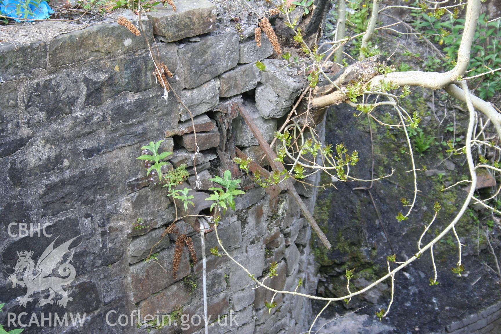 Detail of remaining ironwork, Morlais Brook Tramroad Bridge north abutment, taken by Brian Malaws on 06 May 2008.