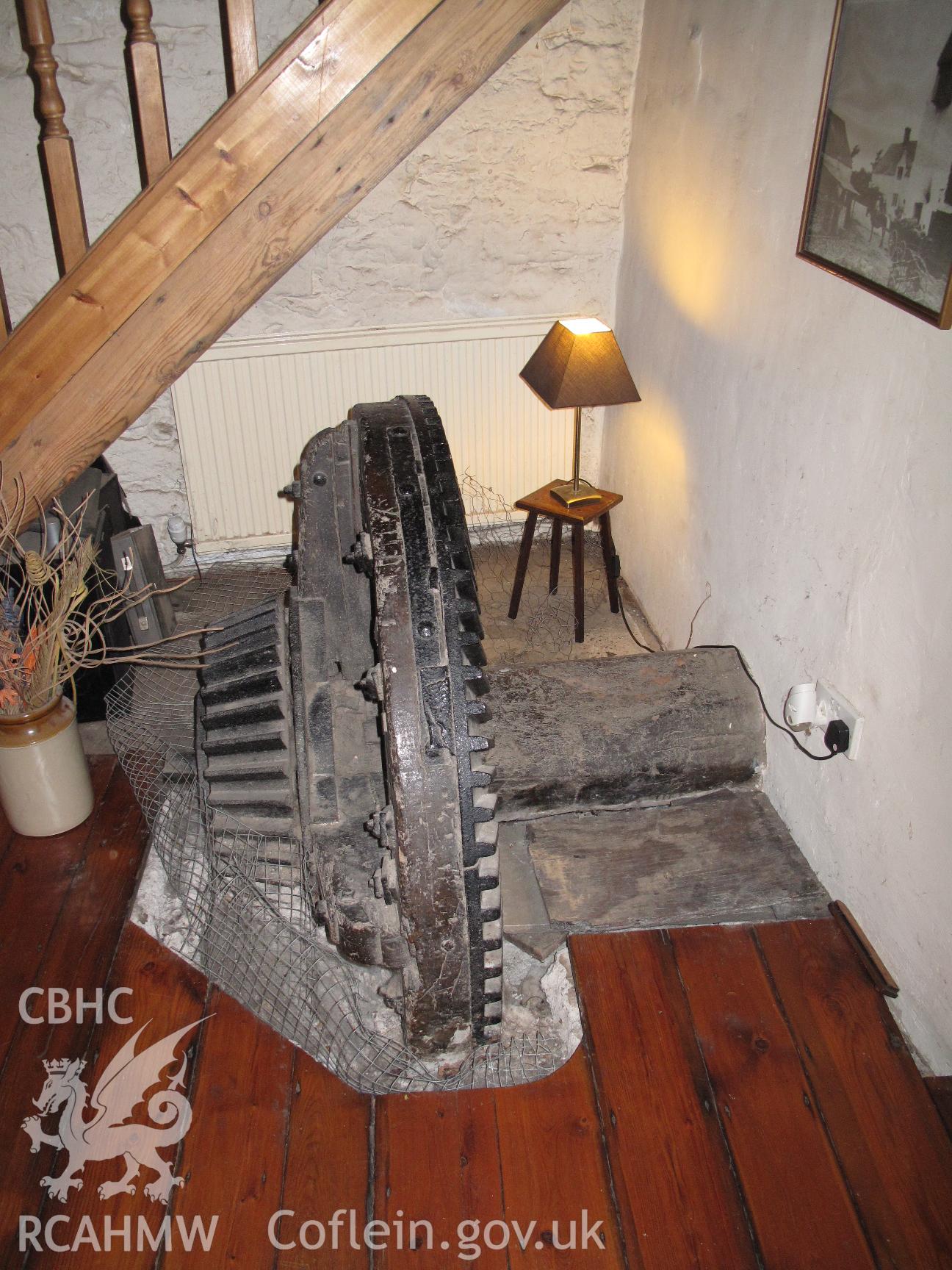 Detail of waterwheel axle and gearing, Llanvithyn Corn Mill.