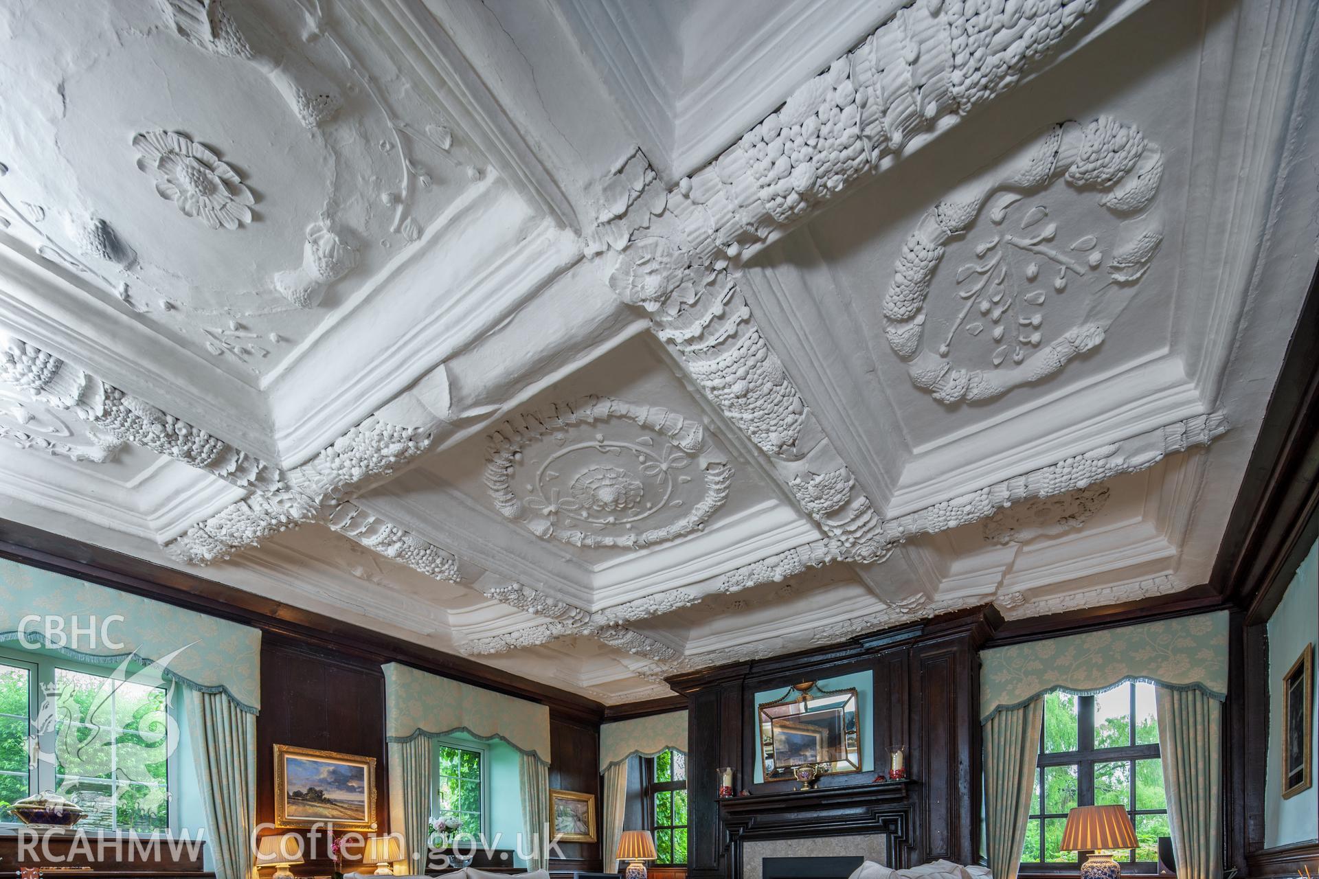 Interior of parlour with decorated plaster ceiling, detail.