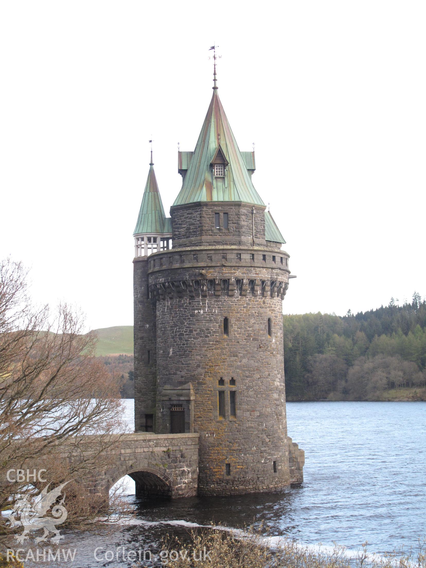 View of the Straining Tower at Vyrnwy Reservoir from the northwest.