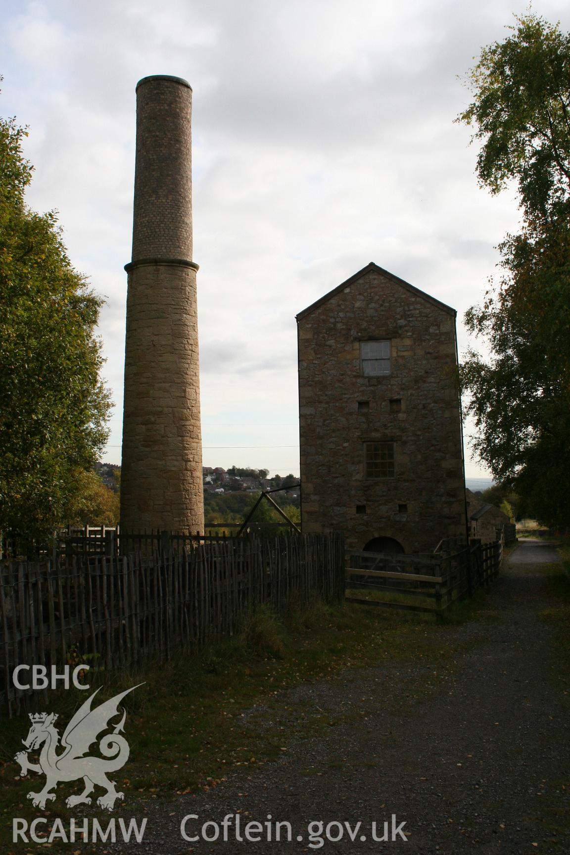 Meadow Shaft Lead Mine: chimney and pumping engine house from the northwest.