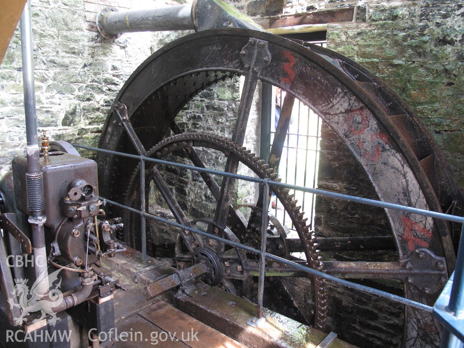 Dynefwr Park Pumping House, Llandeilo, showing internal waterwheel and Blackstone engine, taken by Brian Malaws on 24 April 2010.