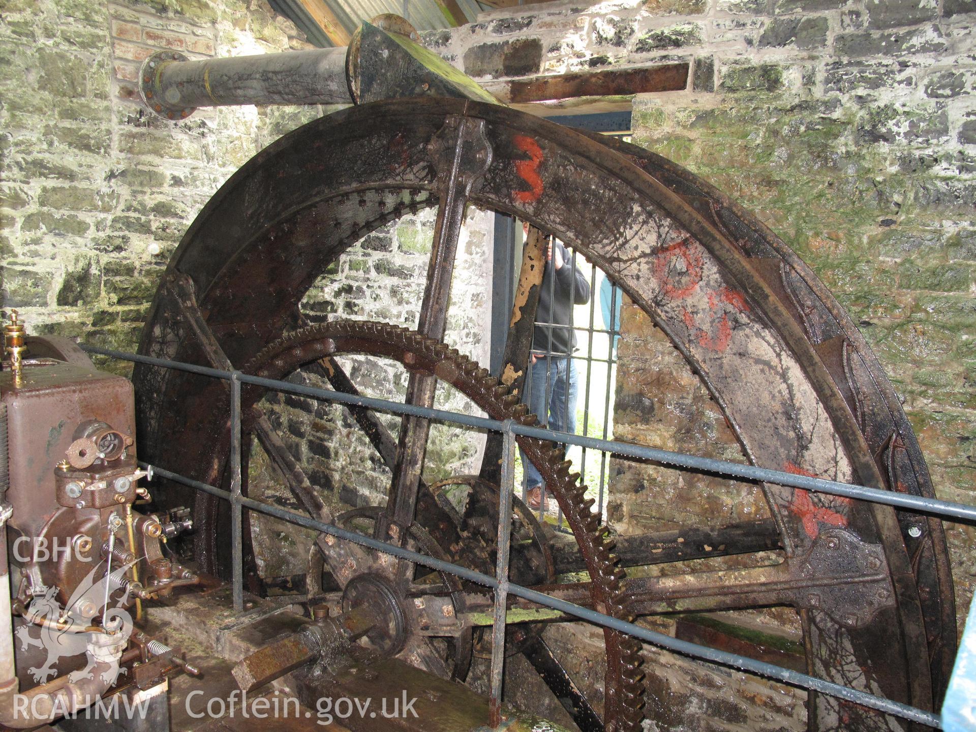 Dynefwr Park Pumping House, Llandeilo, showing internal waterwheel and Blackstone engine, taken by Brian Malaws on 24 April 2010.