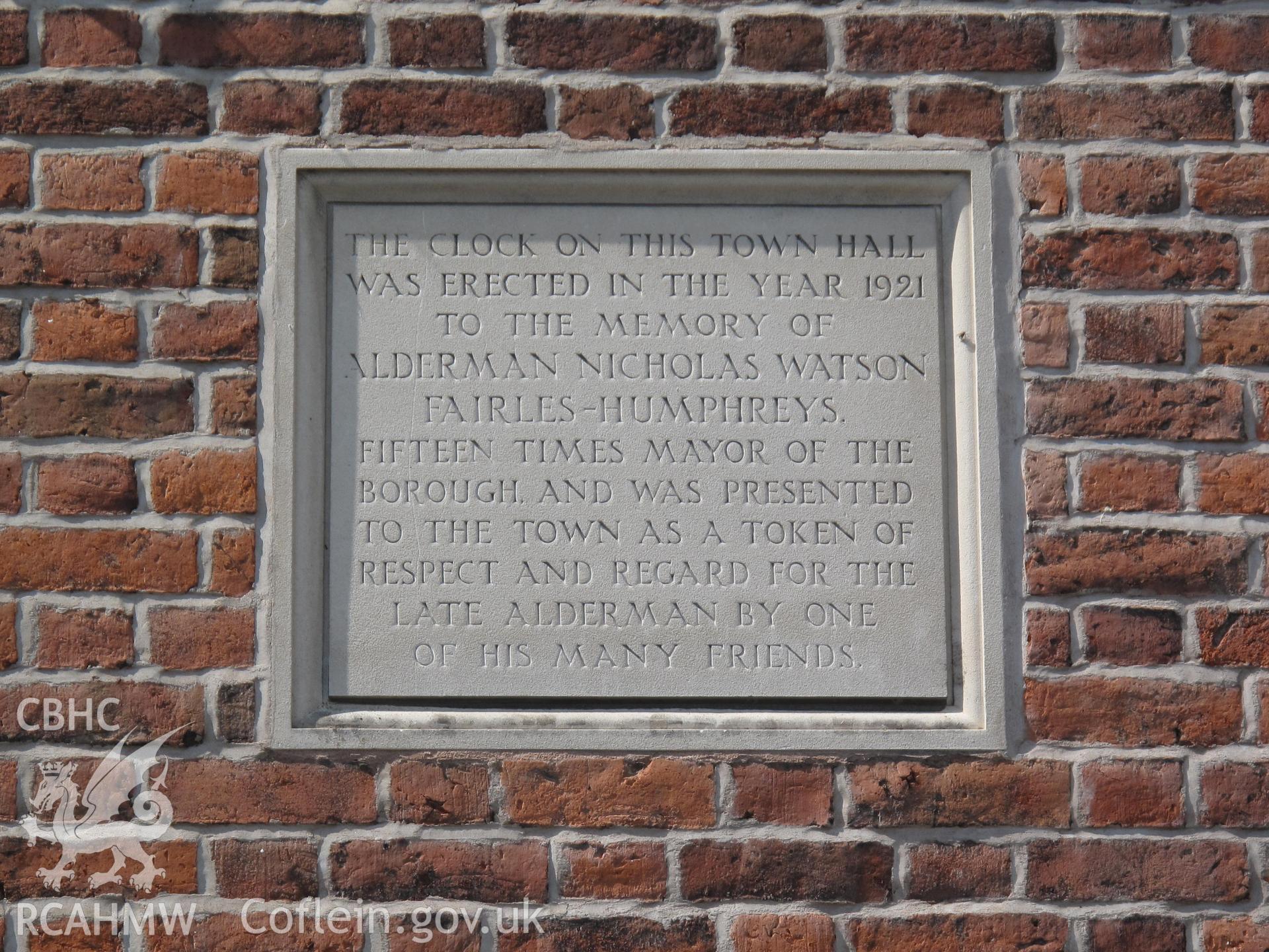 Montgomery Town Hall, detail of stone plaque, taken by Brian Malaws on 23 April 2010.