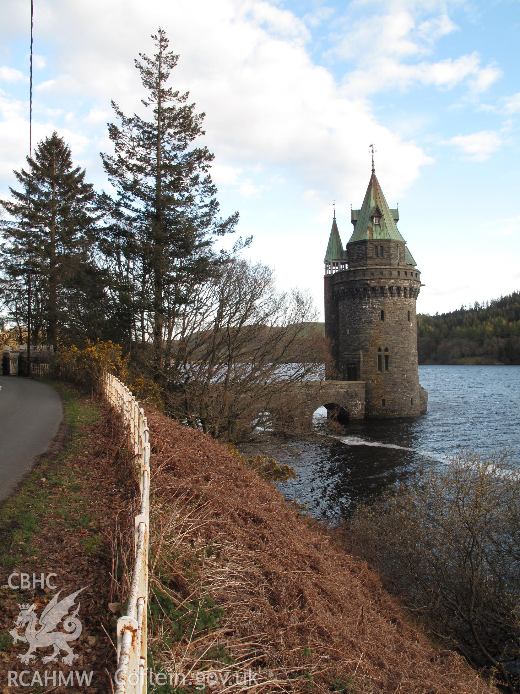 View of the Straining Tower at Vyrnwy Reservoir from the northwest.