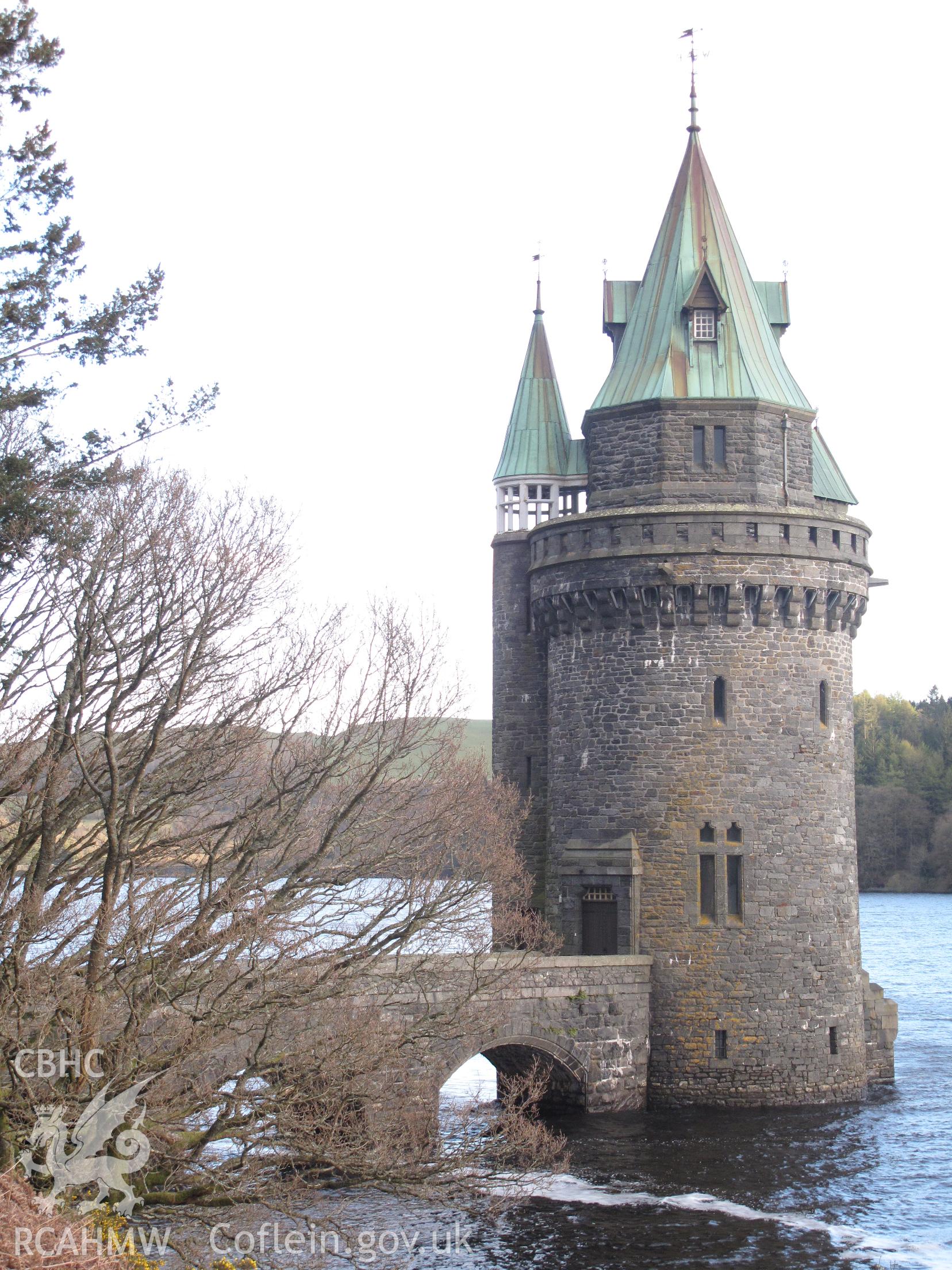 View of the Straining Tower at Vyrnwy Reservoir from the northwest.