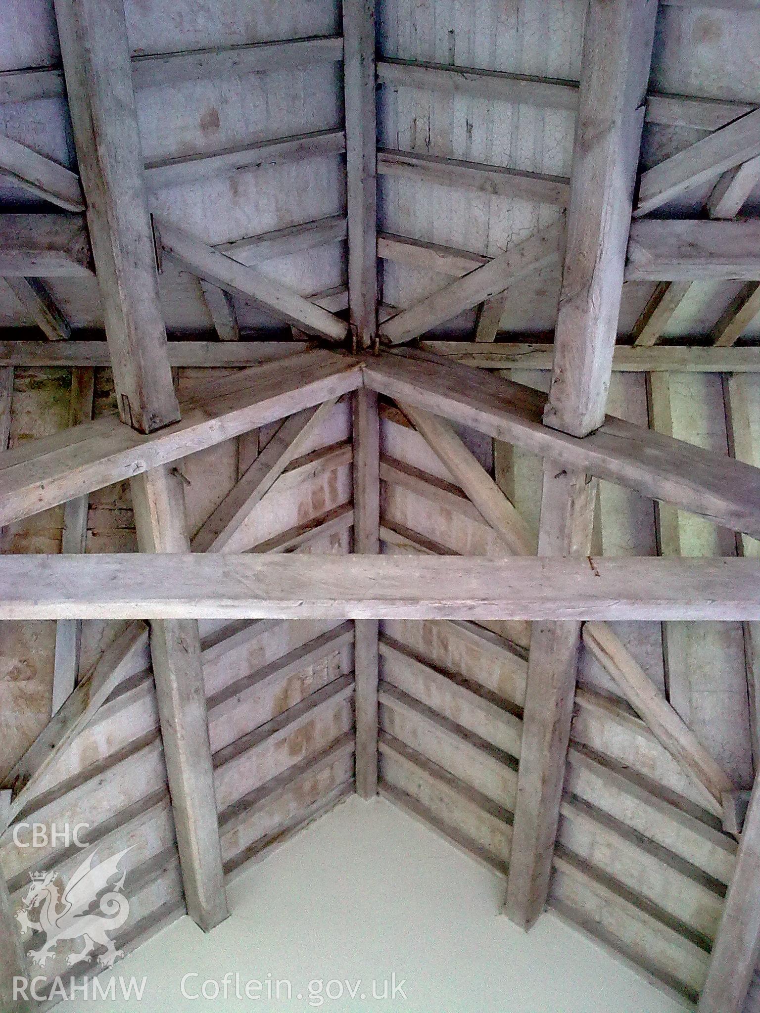 View of the roof structure of the central bay looking towards back of building.