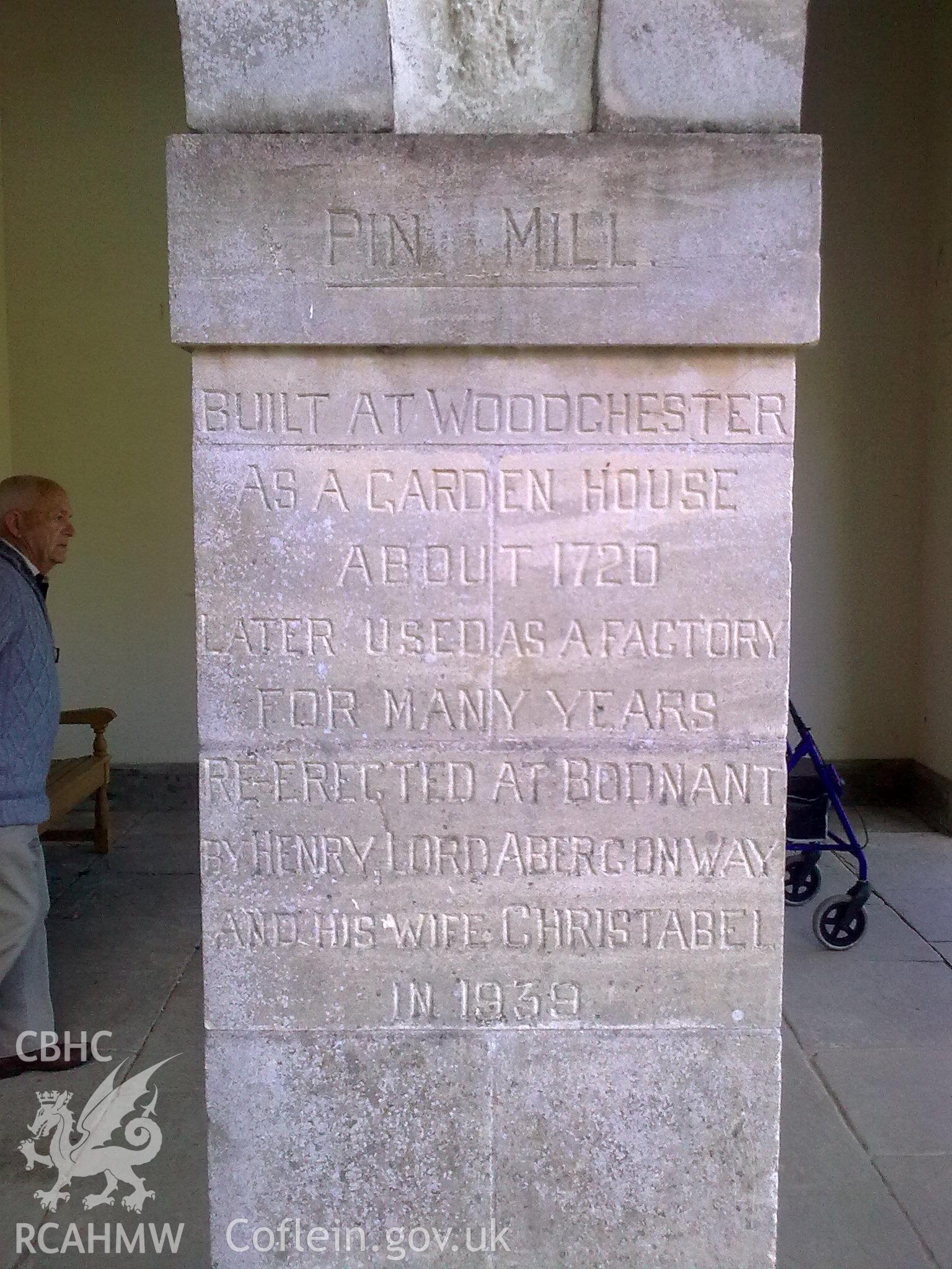 Dedication carved into one of the pillars reads' Built at Woodchester as a Garden House about 1720. Later used as a factory for many years. Re-erected at Bodnant by Henry , Lord Aberconway, and his wife Christabel in 1939'.