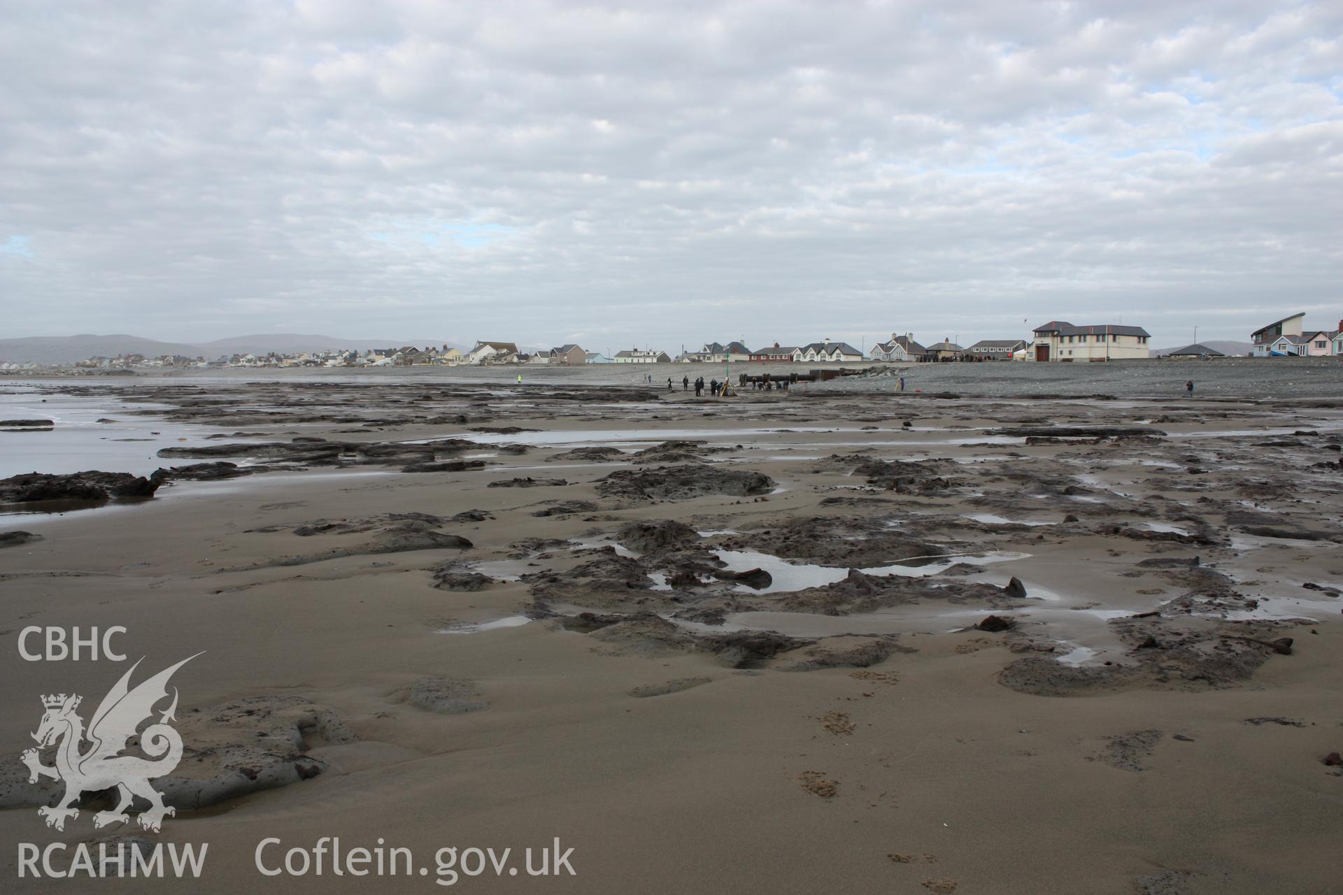 Borth submerged forest (between RNLI lifeboat station and upper Borth), looking north towards Ynyslas. Showing southern and western extremities of area of peat exposures