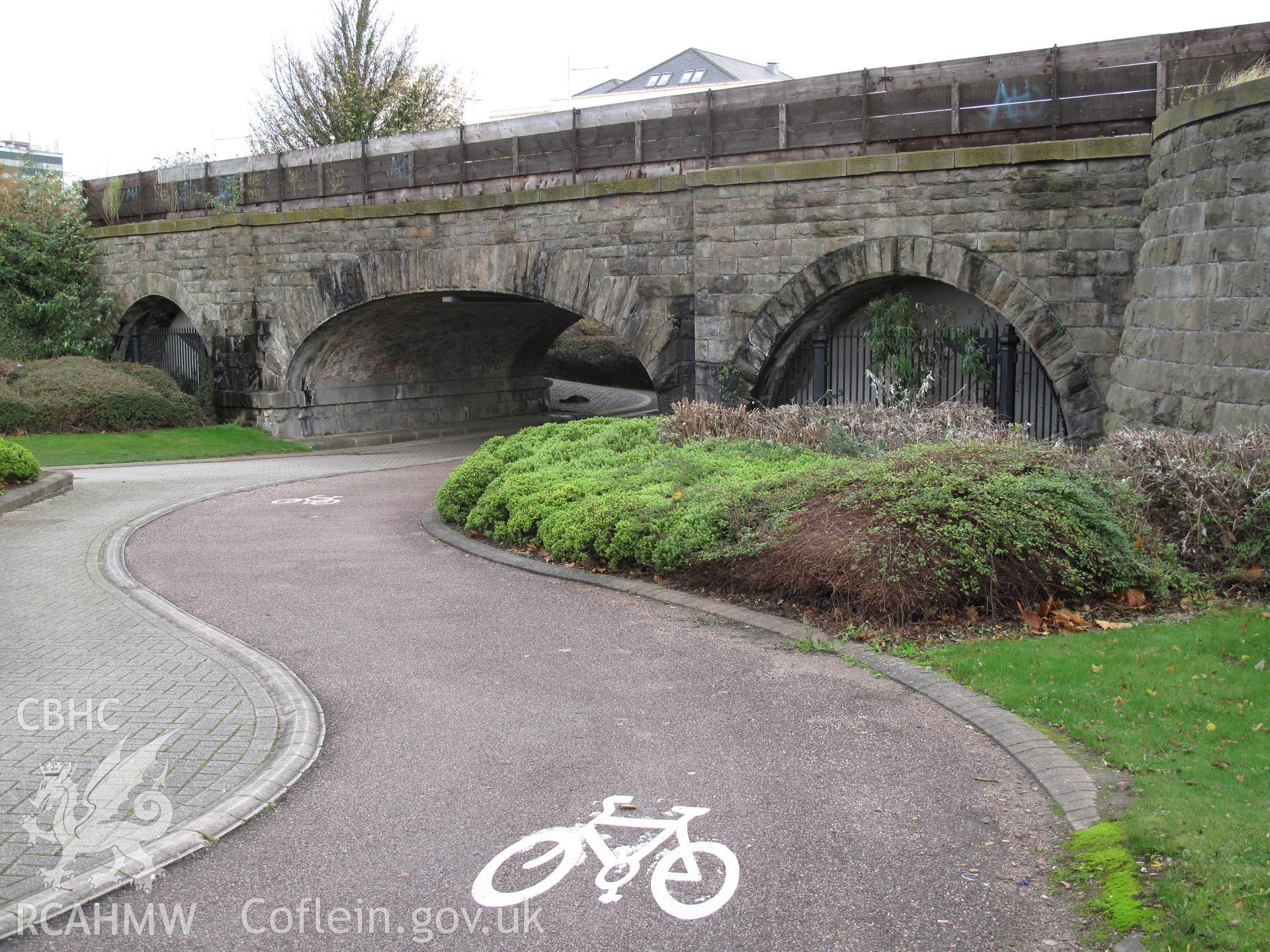 Taff Vale Railway Bridge over the West Junction Canal, Cardiff, from the southwest, taken by Brian Malaws on 16 November 2009.