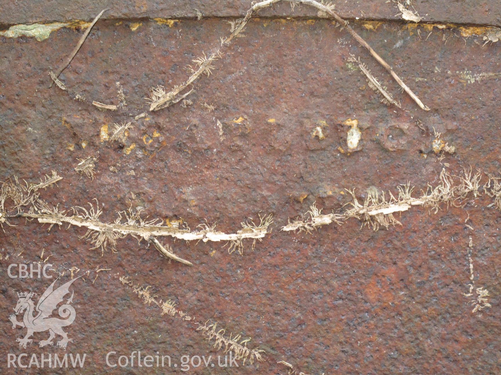 Maker's name cast on waterwheel shroud at Llanvithyn Corn Mill.