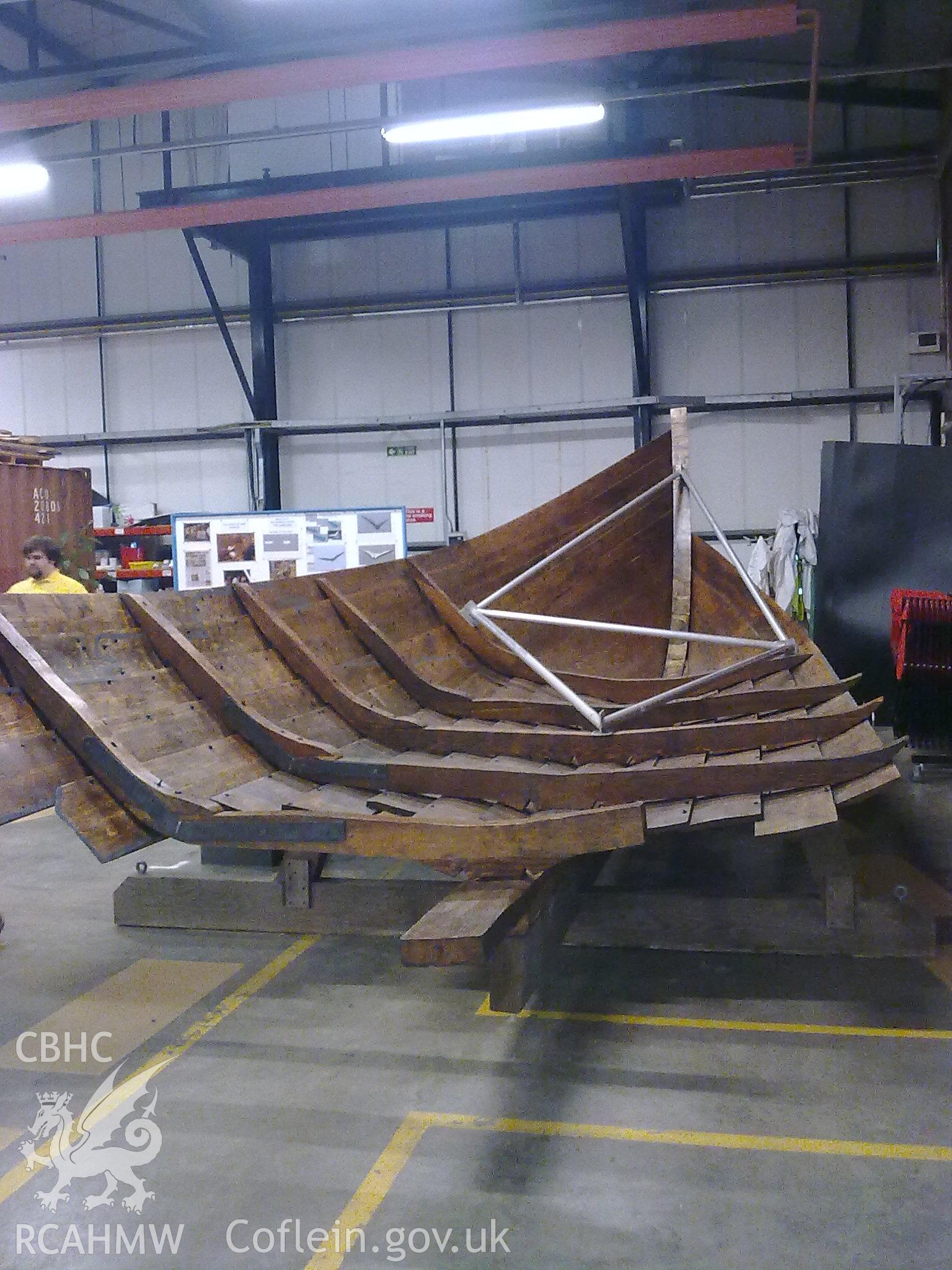 Looking forward along the internal structure of the vessel showing the metal suppoprts inserted into the the replica to help support its shape.