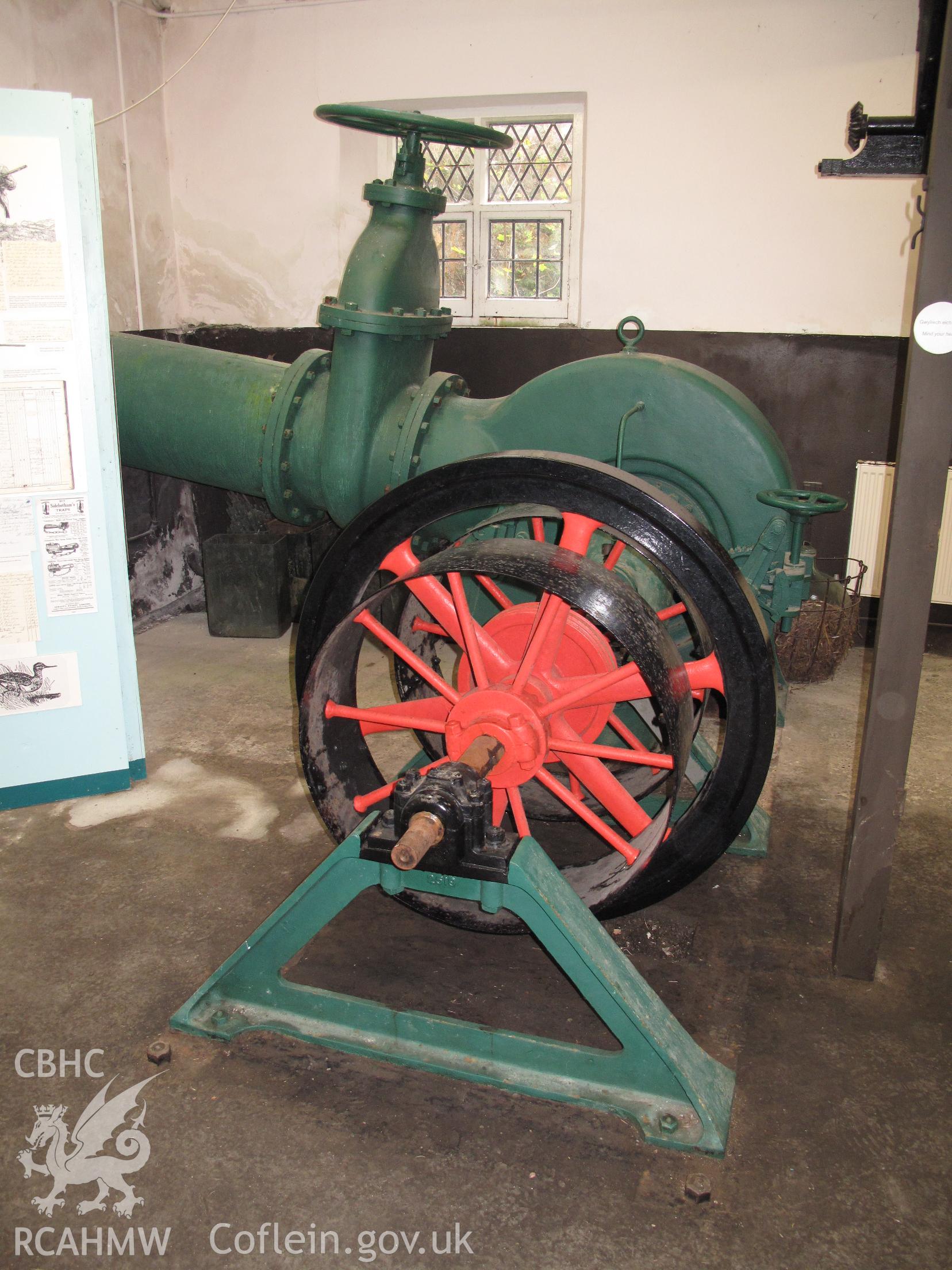 Pelton turbine and belt pulleys at Melin Glanrafon, Glynllifon, taken by Brian Malaws on 16 October 2010.