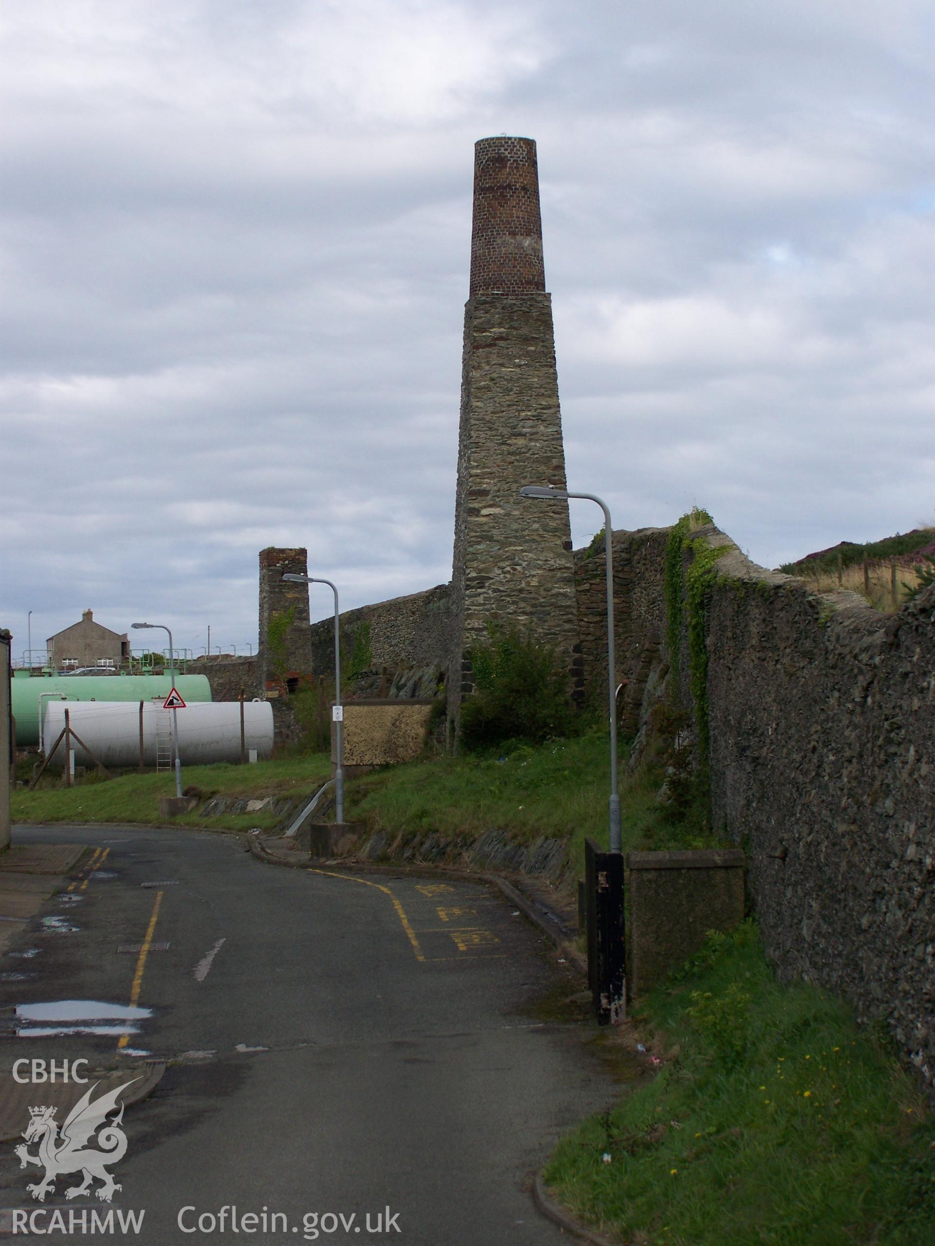 Views along the inside (north face) of the wall showing the two surviving chimneys from the shipyard complex