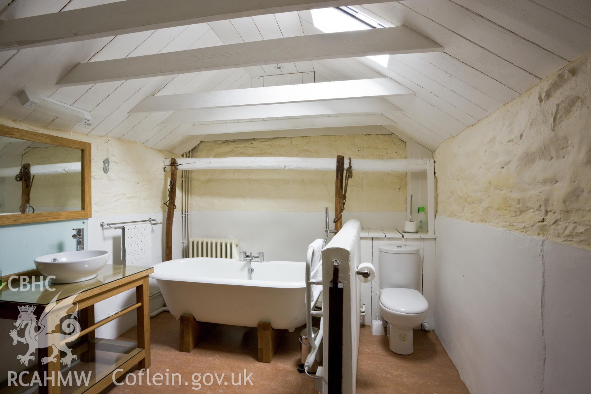 Interior bathroom, with surviving tethering post.