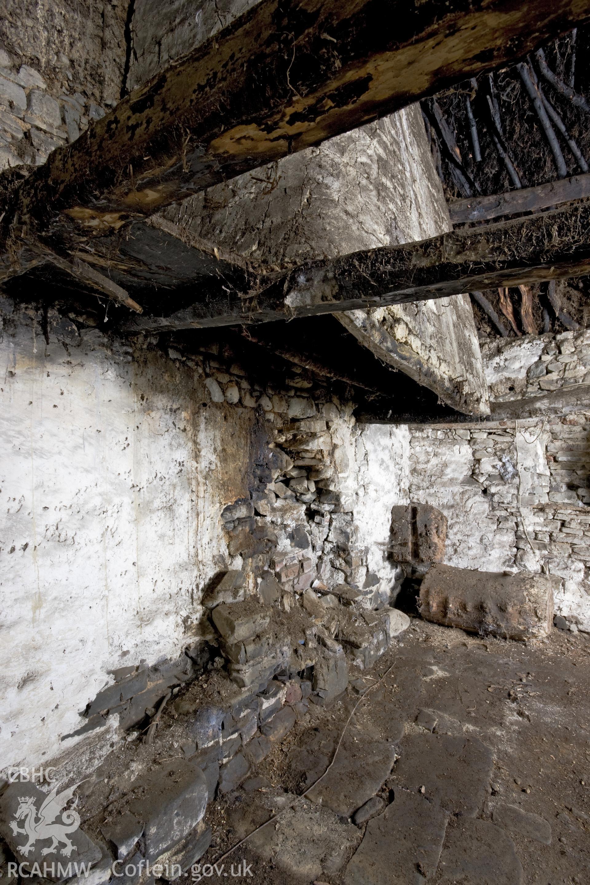 Interior view of Wigwen Fach showing the wicker fireplace hood.