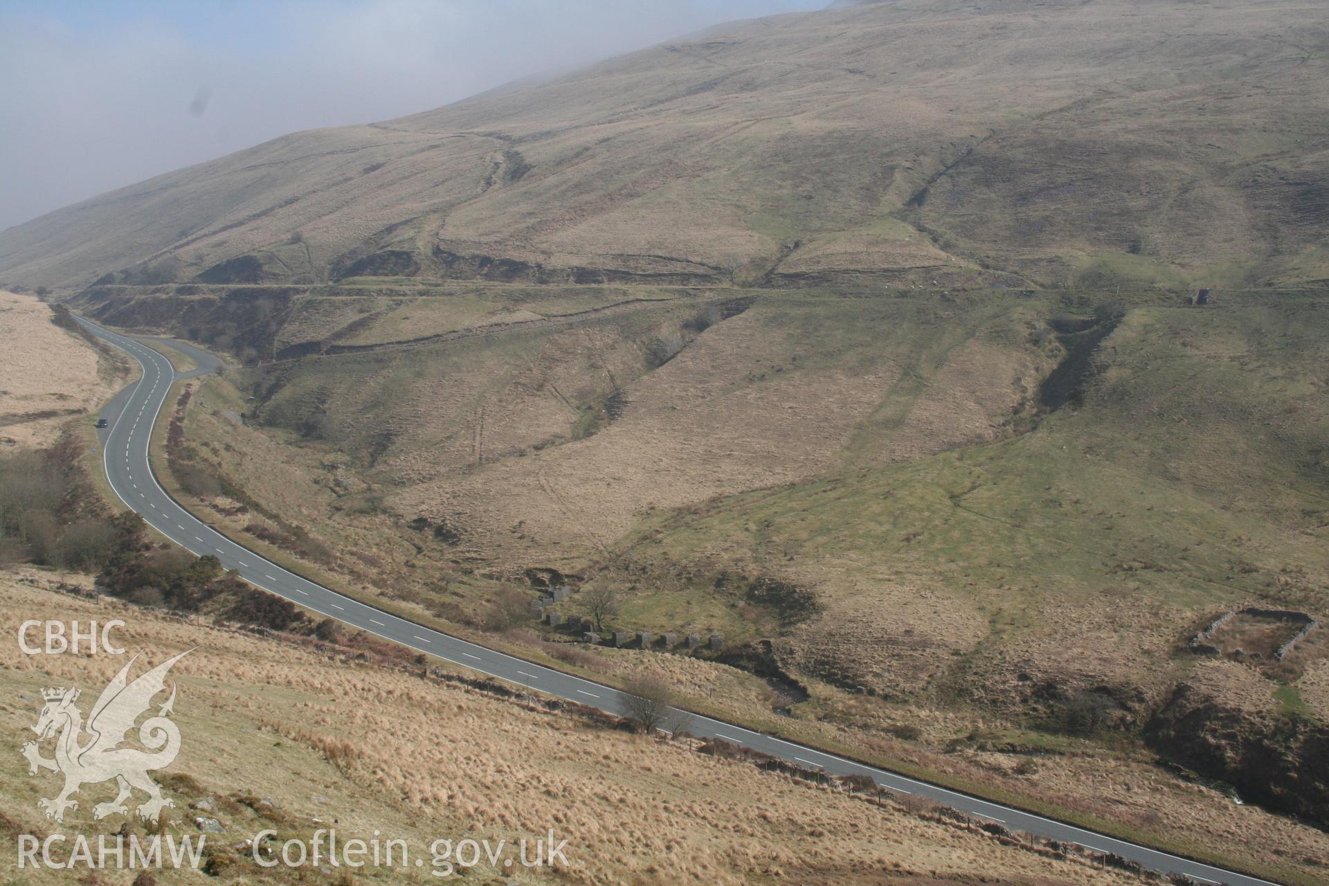 Tramroad formation south of Crai, seen from the hillside above Bwlch Bryn-rhudd in the Tywynni valley; the formation is the terrace running across the centre of the picture from left to right.