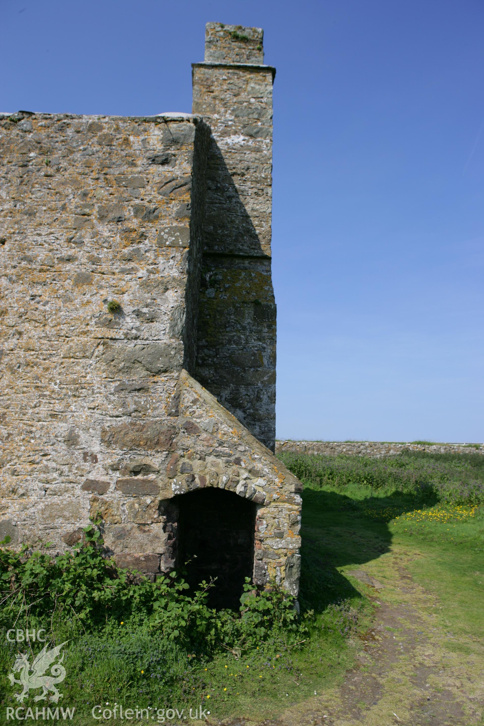 Skomer Island Farm, detail of north chimney of south courtyard range with 'dog house'.