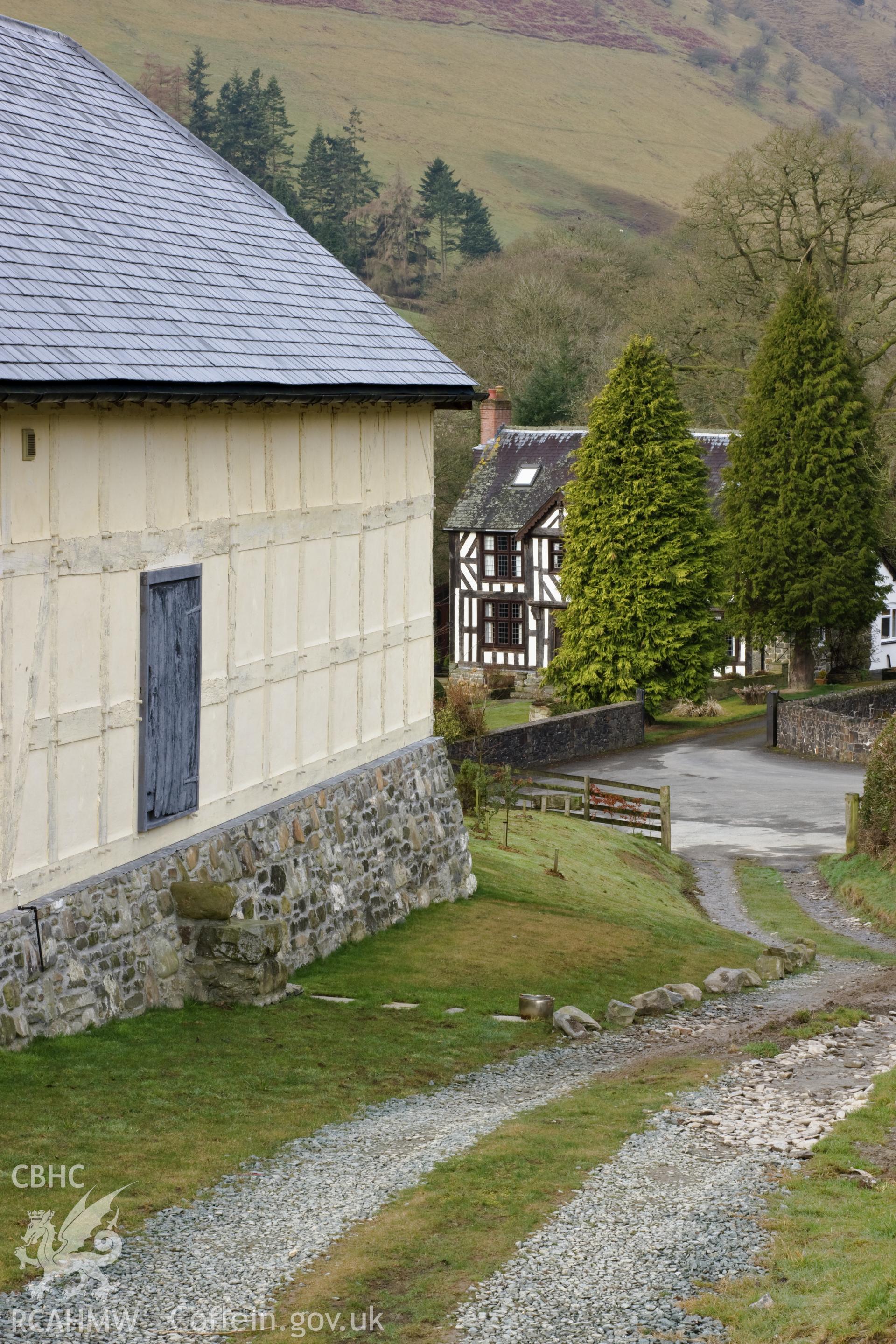 Hall house & later house from the east northeast (vertical).