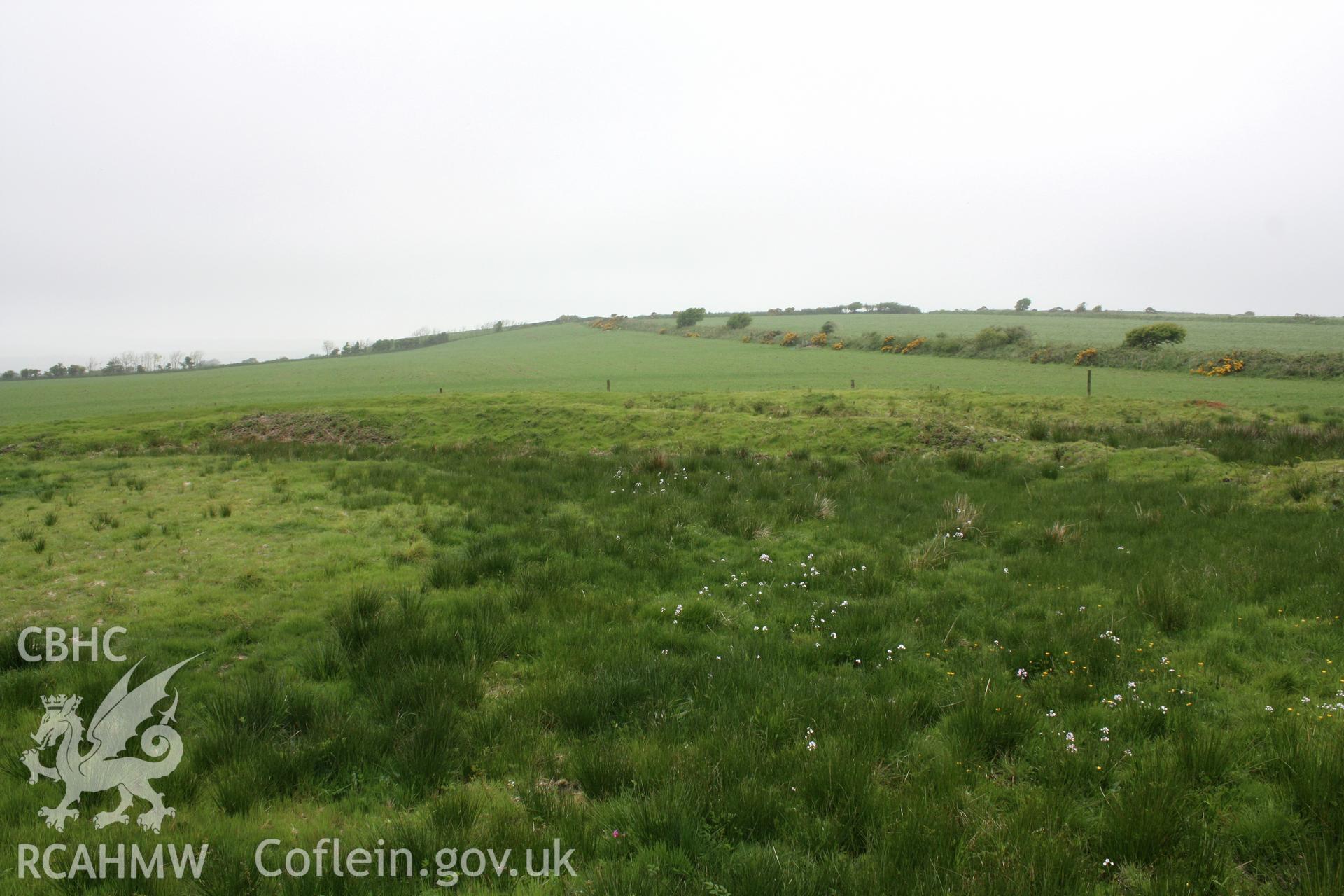 Castell Cwm-wyntell.  Looking north-west across the interior and the banks defining the enclosure.