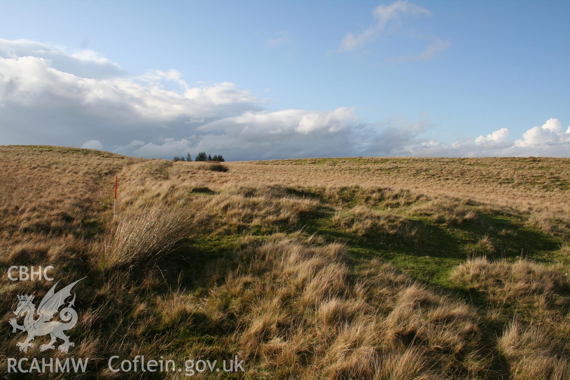 Hollowed out burial mound to the right of an intake bank (NPRN 84426) which recedes into the distance, seen from the east; 1m scale to left of cairn.