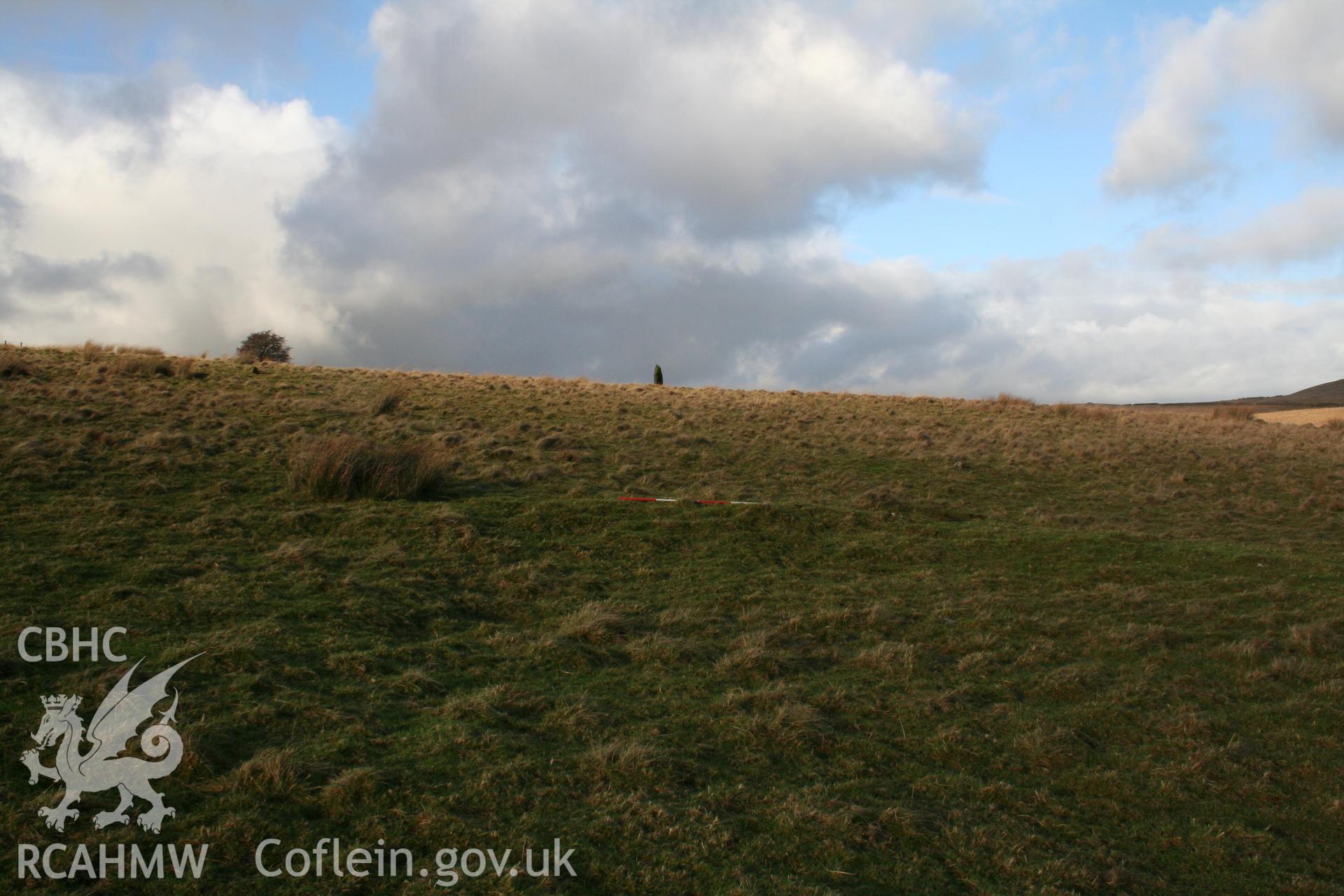 Platform with 2m scale along outer lip of terrace seen from the south; Maen Llia (84541) in background.