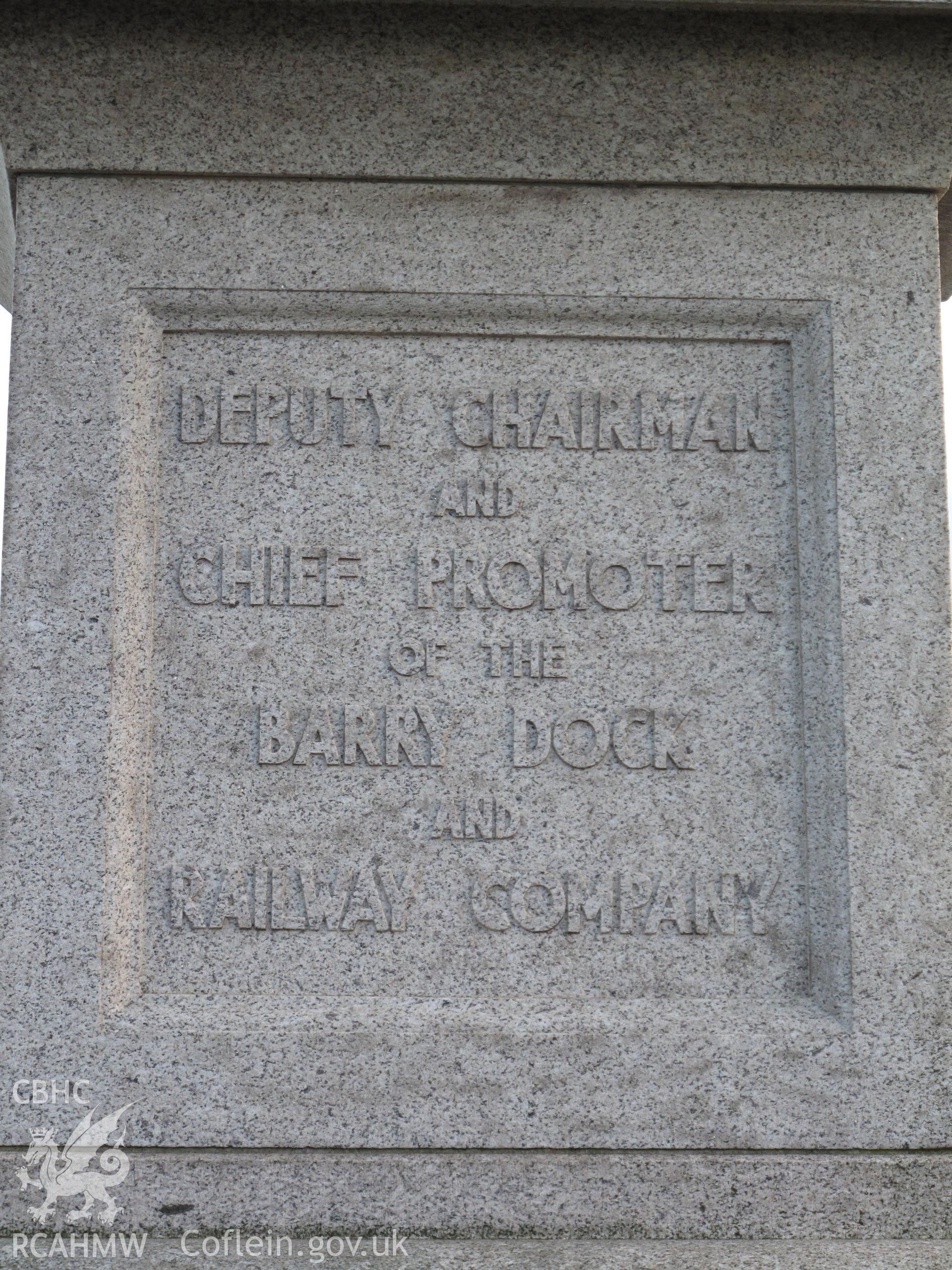 North face of plinth, David Davies Statue at Barry Docks Office, taken by Brian Malaws on 20 October 2010.