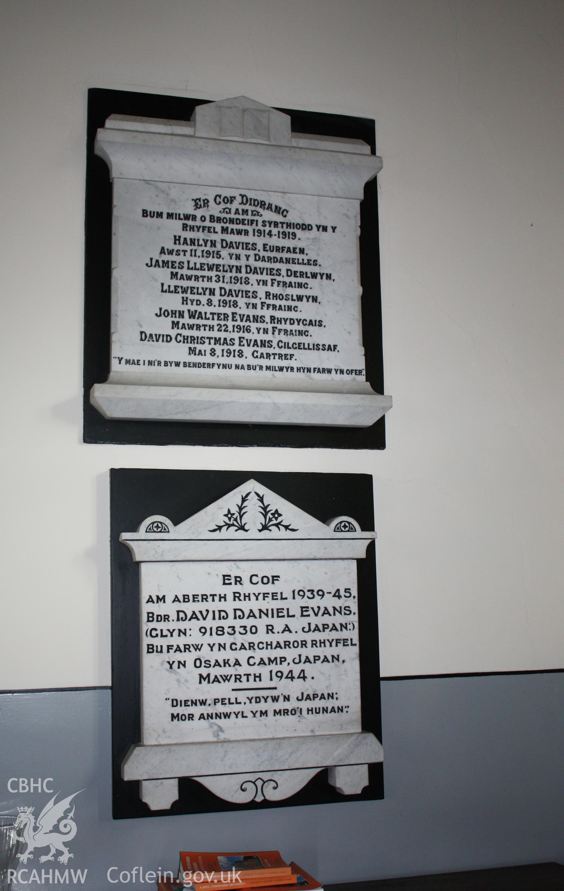 Brondeifi Unitarian Chapel, detail of war memorials.