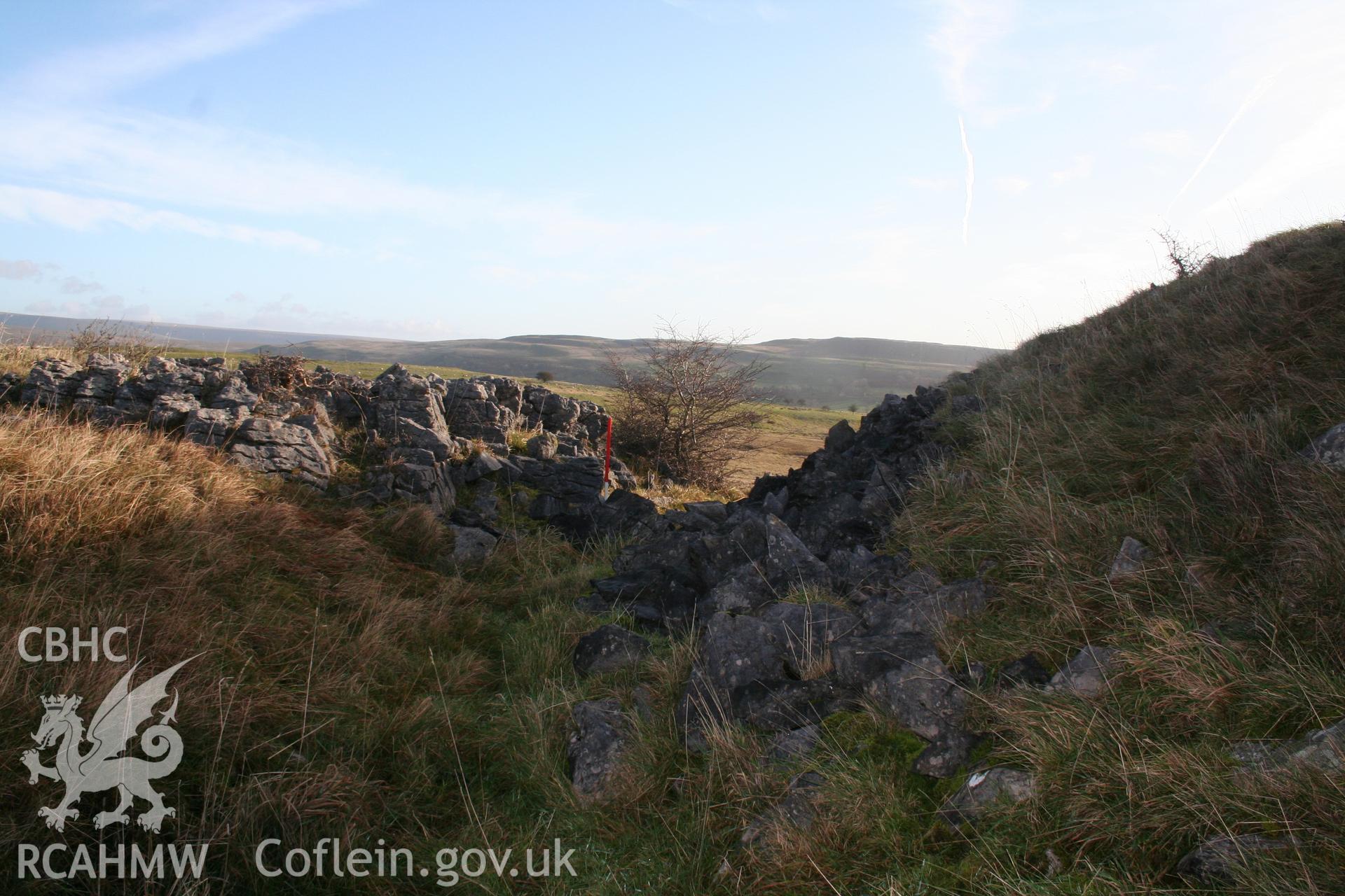 View of northern rampart ditch from the west; 1m scale.