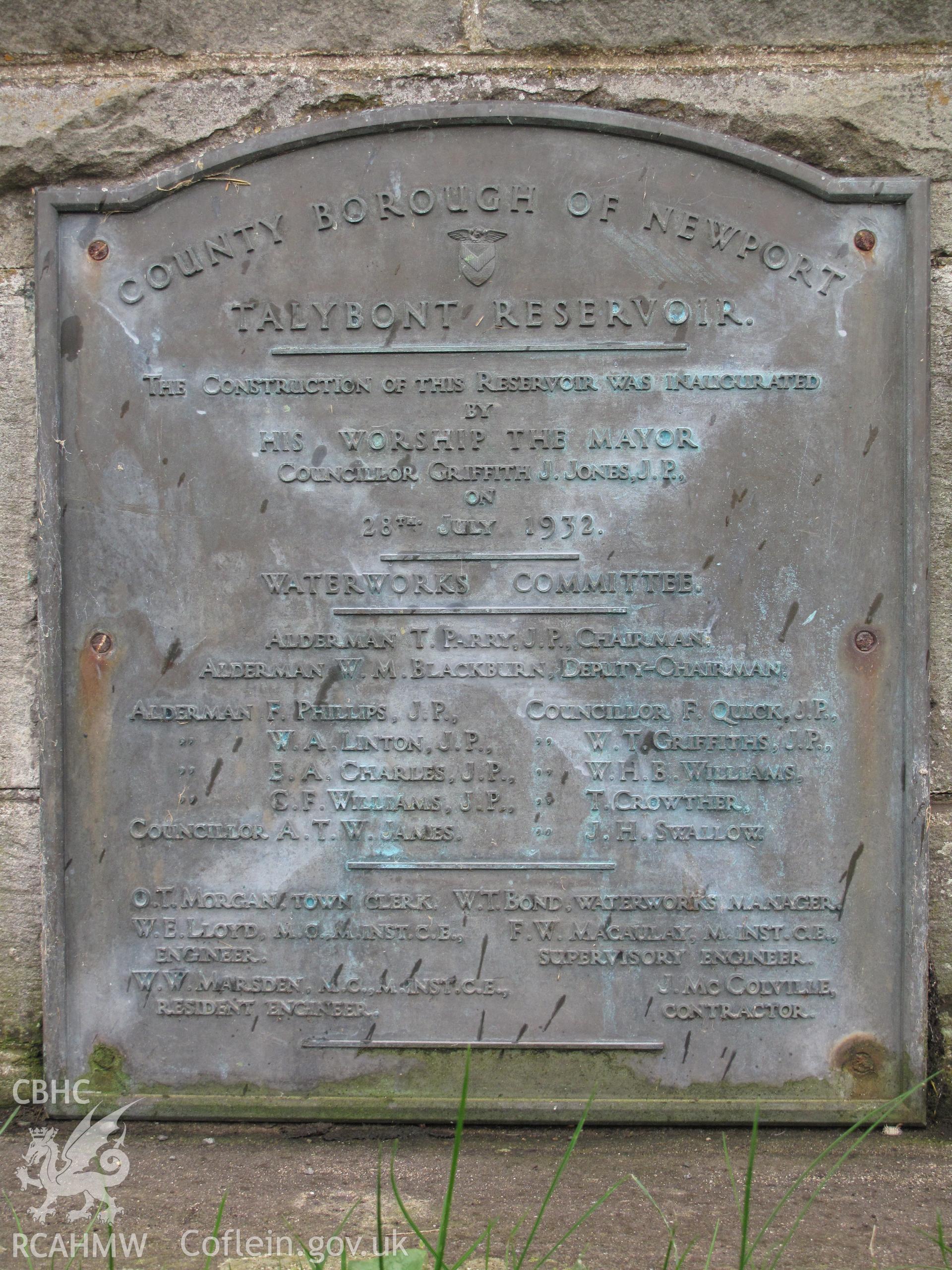 Plaque at straining tower, Talybont Water Scheme, taken by Brian Malaws on 08 October 2010.