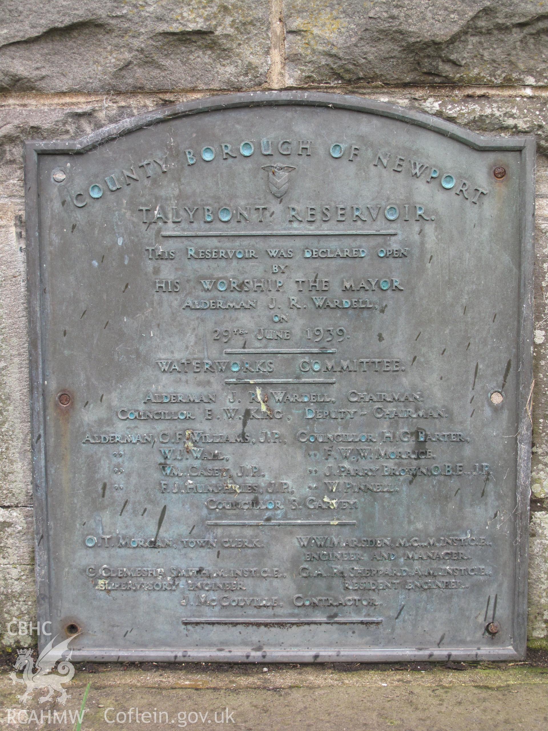 Plaque at straining tower, Talybont Water Scheme, taken by Brian Malaws on 08 October 2010.