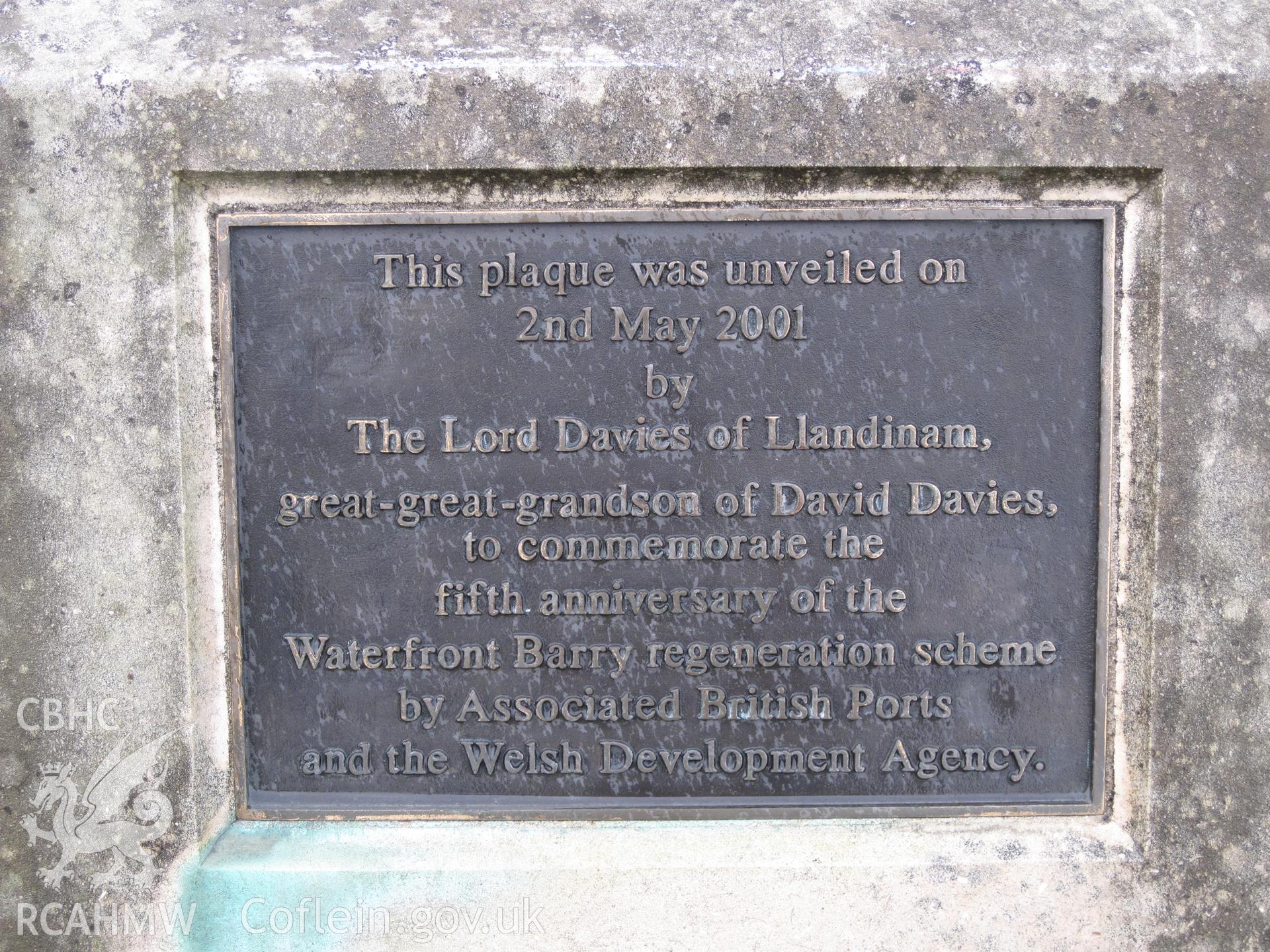 Plaque near David Davies Statue at Barry Docks Office, taken by Brian Malaws on 20 October 2010.