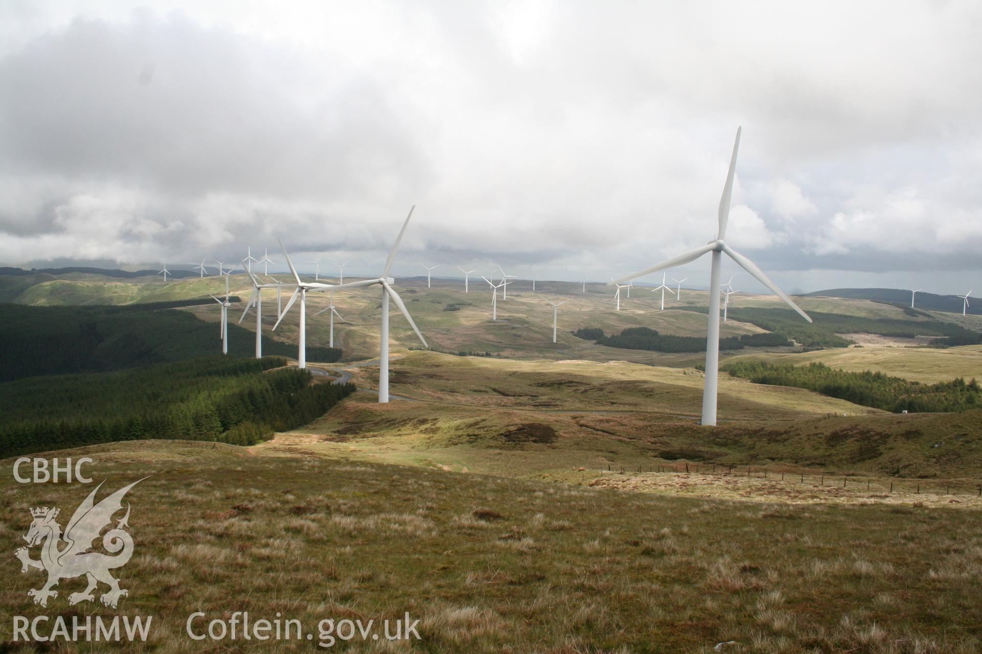 View to the north-east across wind farm from Pen-y-garn.